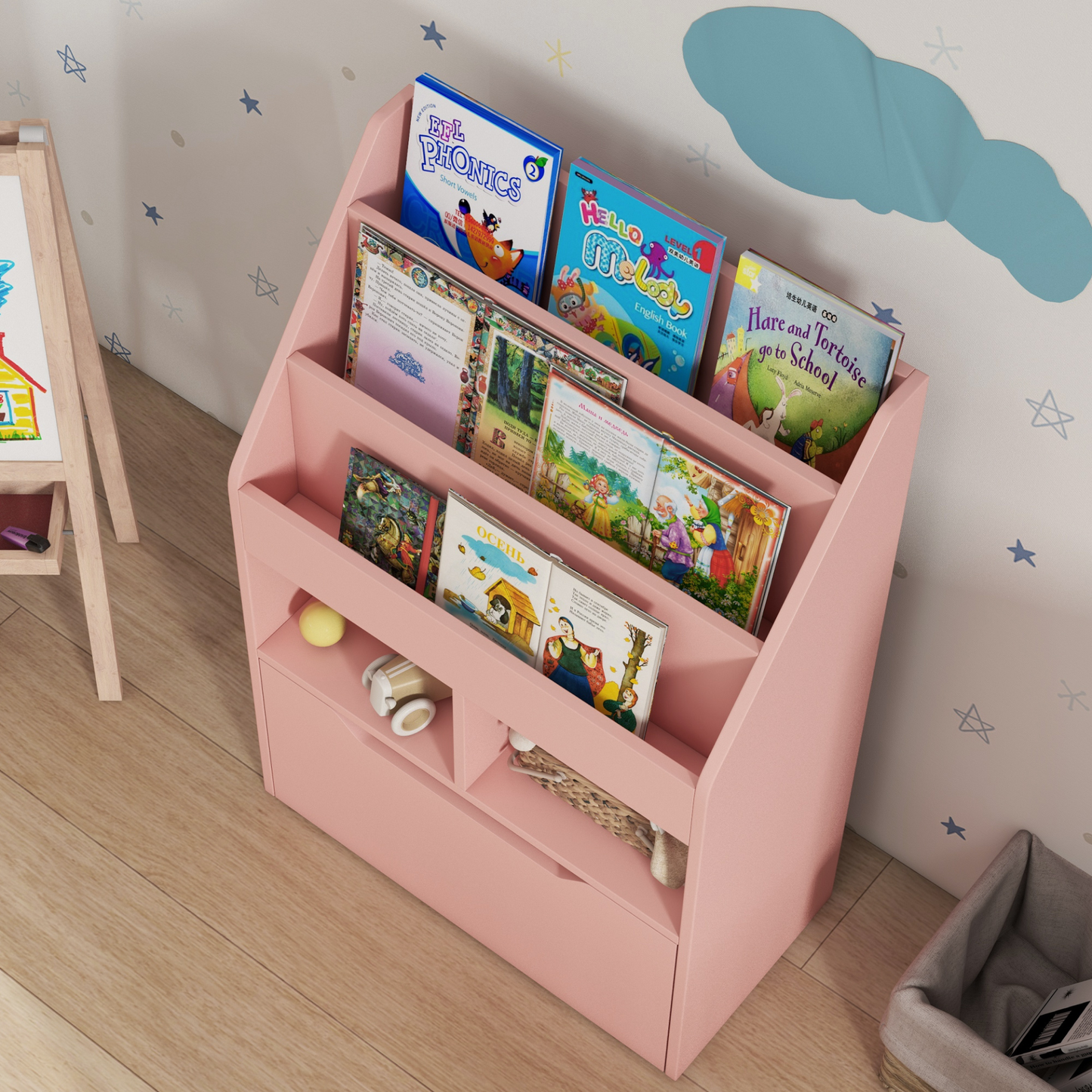 Kids Bookshelf, Toy Organiser, with Storage Drawer, Wheels - Pink by HOMCOM