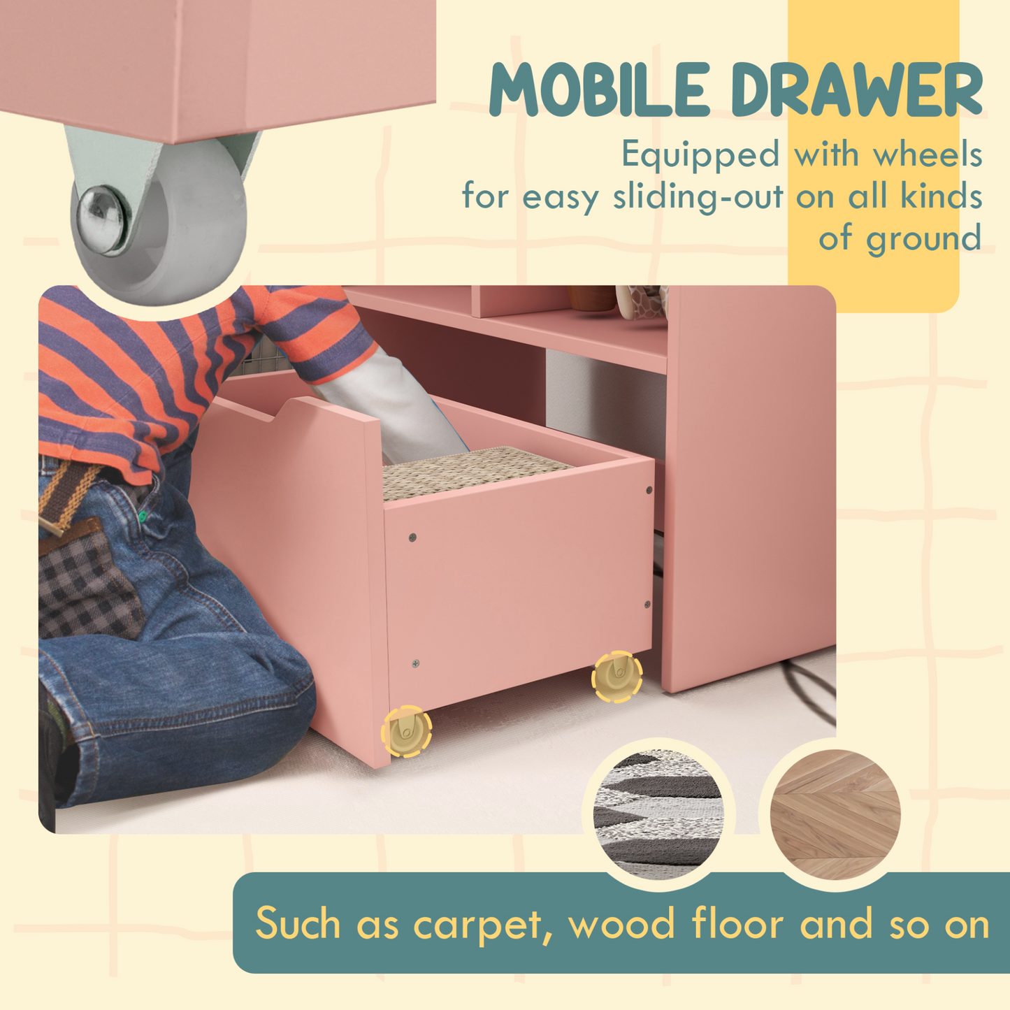 Kids Bookshelf, Toy Organiser, with Storage Drawer, Wheels - Pink by HOMCOM