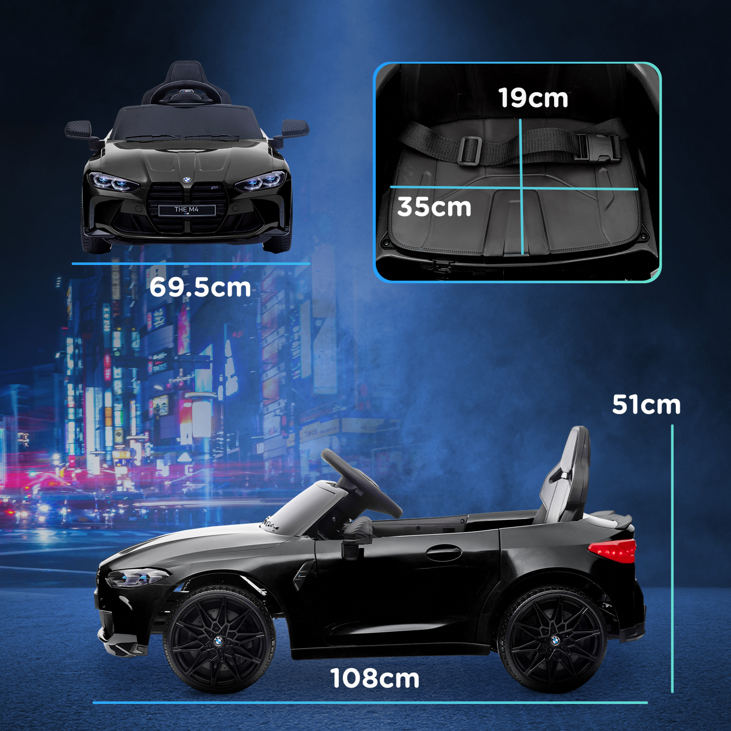12V BMW M4 Licensed Kids Car with Easy Transport, Remote Control, Suspension, Music, Horn, LED Lights - Black by AIYAPLAY