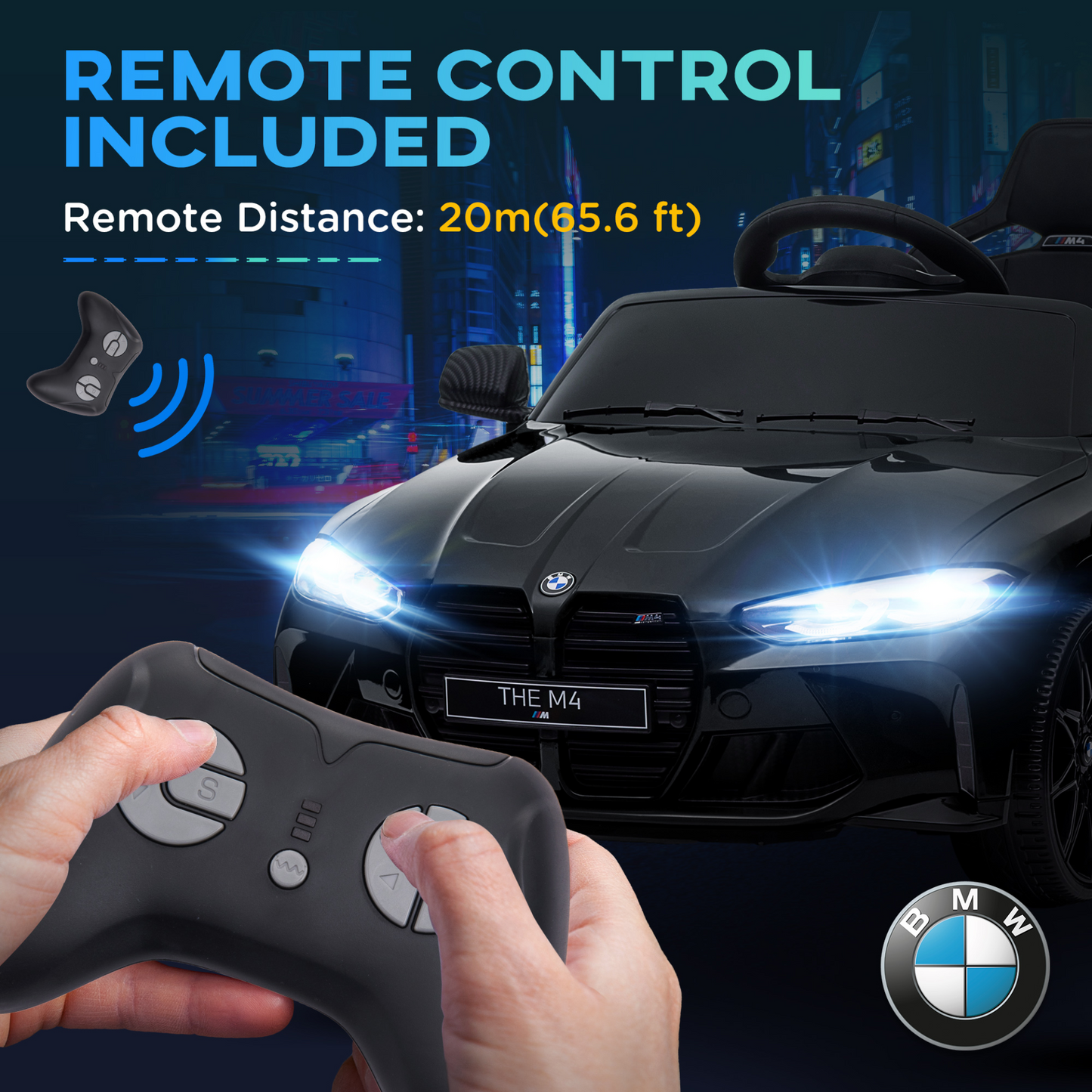 12V BMW M4 Licensed Kids Car with Easy Transport, Remote Control, Suspension, Music, Horn, LED Lights - Black by AIYAPLAY
