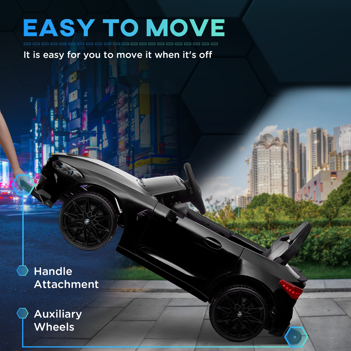 12V BMW M4 Licensed Kids Car with Easy Transport, Remote Control, Suspension, Music, Horn, LED Lights - Black by AIYAPLAY