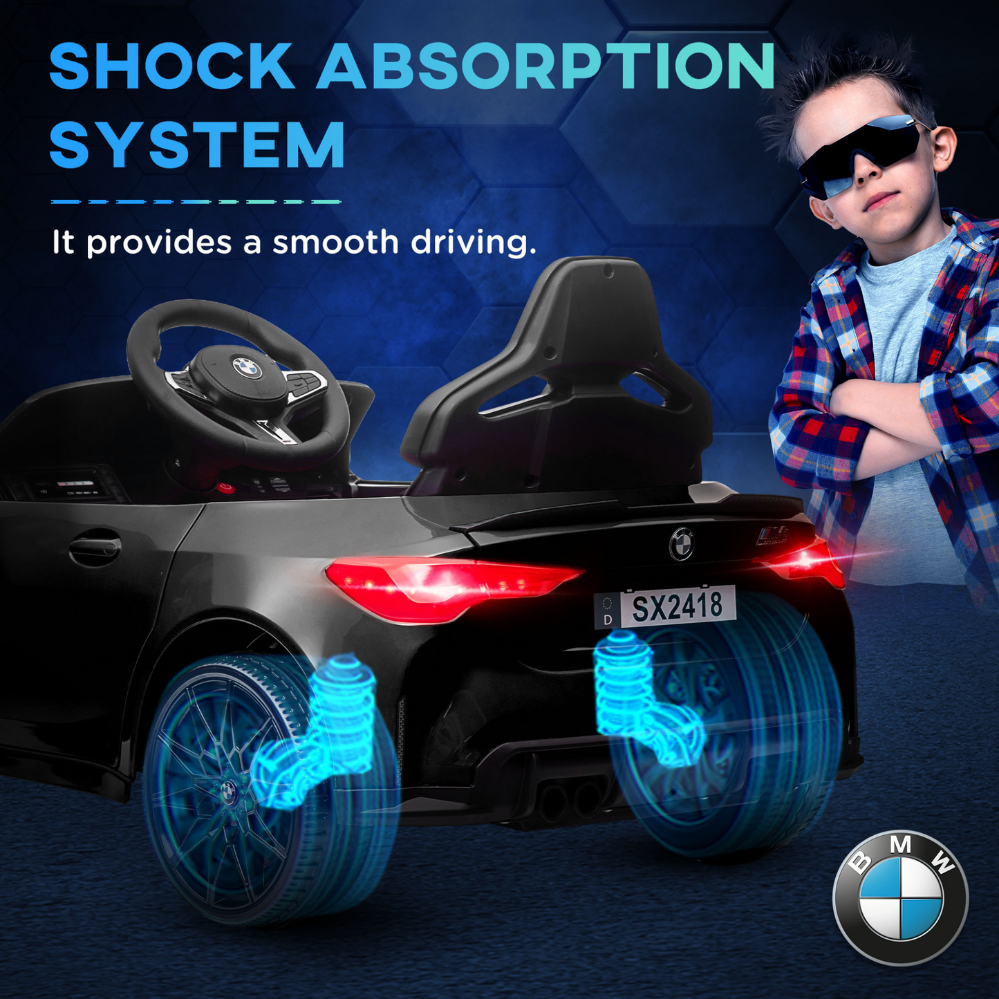 12V BMW M4 Licensed Kids Car with Easy Transport, Remote Control, Suspension, Music, Horn, LED Lights - Black by AIYAPLAY