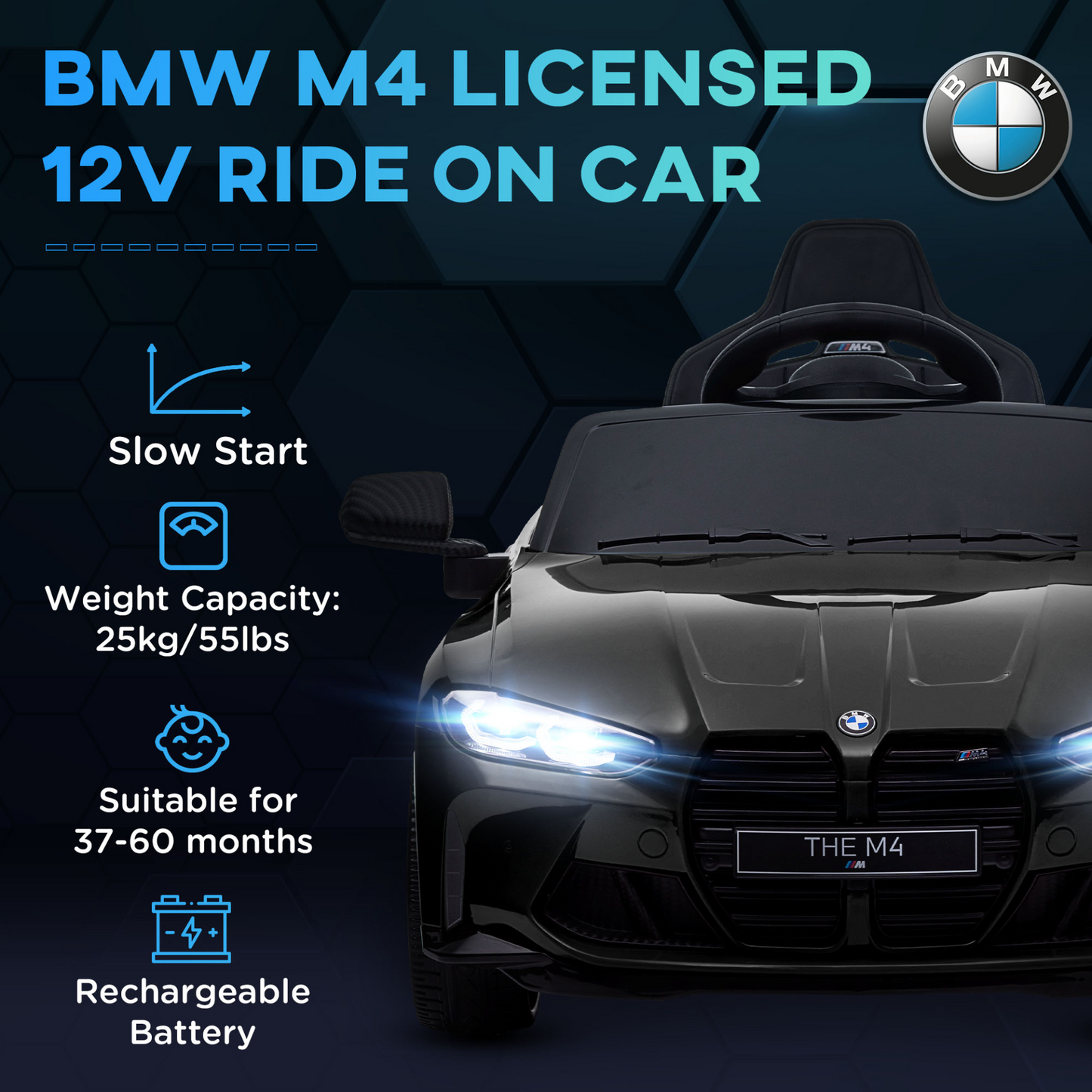 12V BMW M4 Licensed Kids Car with Easy Transport, Remote Control, Suspension, Music, Horn, LED Lights - Black by AIYAPLAY