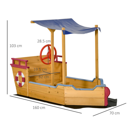 Outsunny Kids Wooden Sandpit, Children Sandbox Pirate Ship, Sandboat Play Station for Outdoor w/ Canopy Shade Storage Bench Bottom Liner