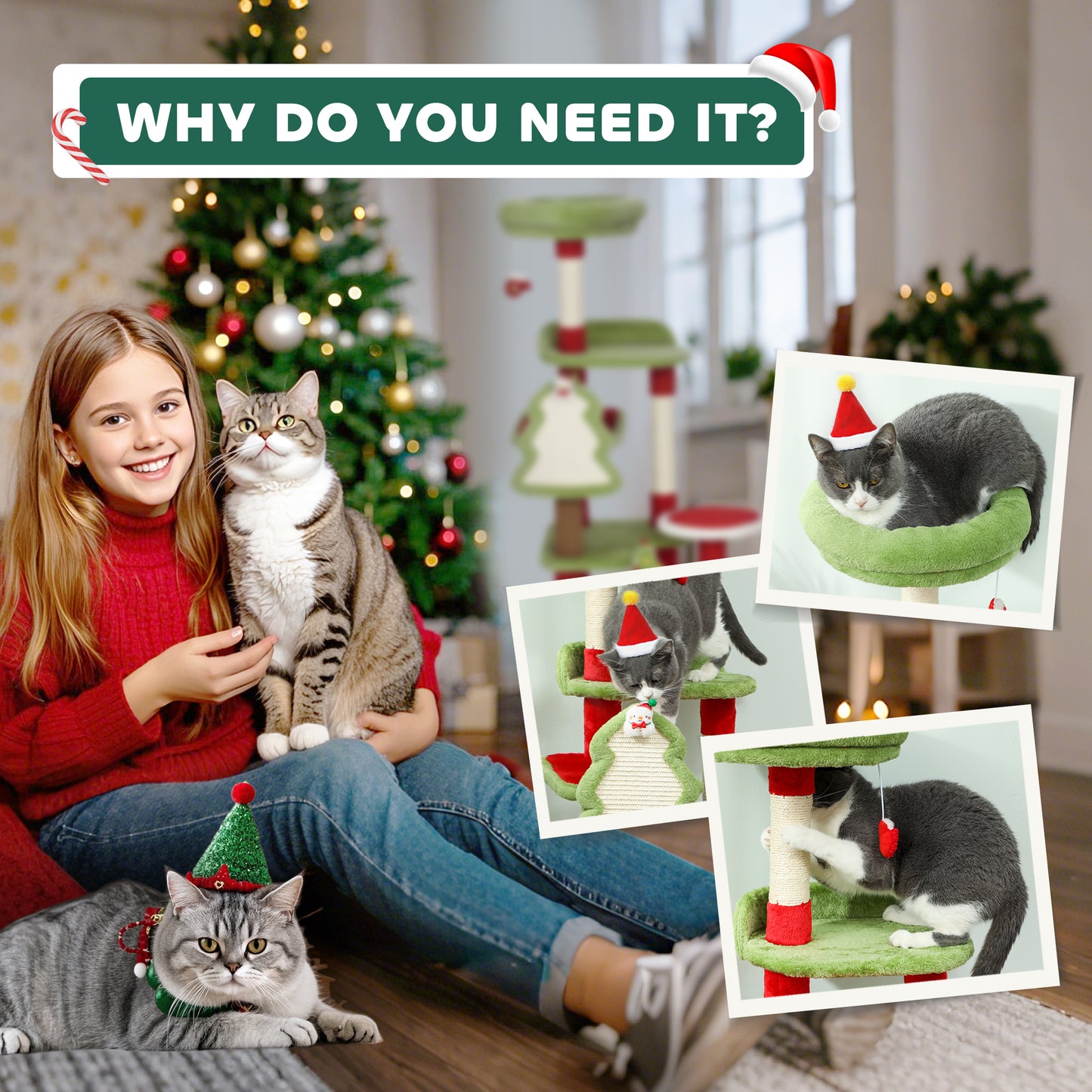 PawHut Cat Tree, 120cm Christmas Cat Tower with 3 Scratching Posts, Scratching Board, 2 Perches, Platforms, Toys, Green