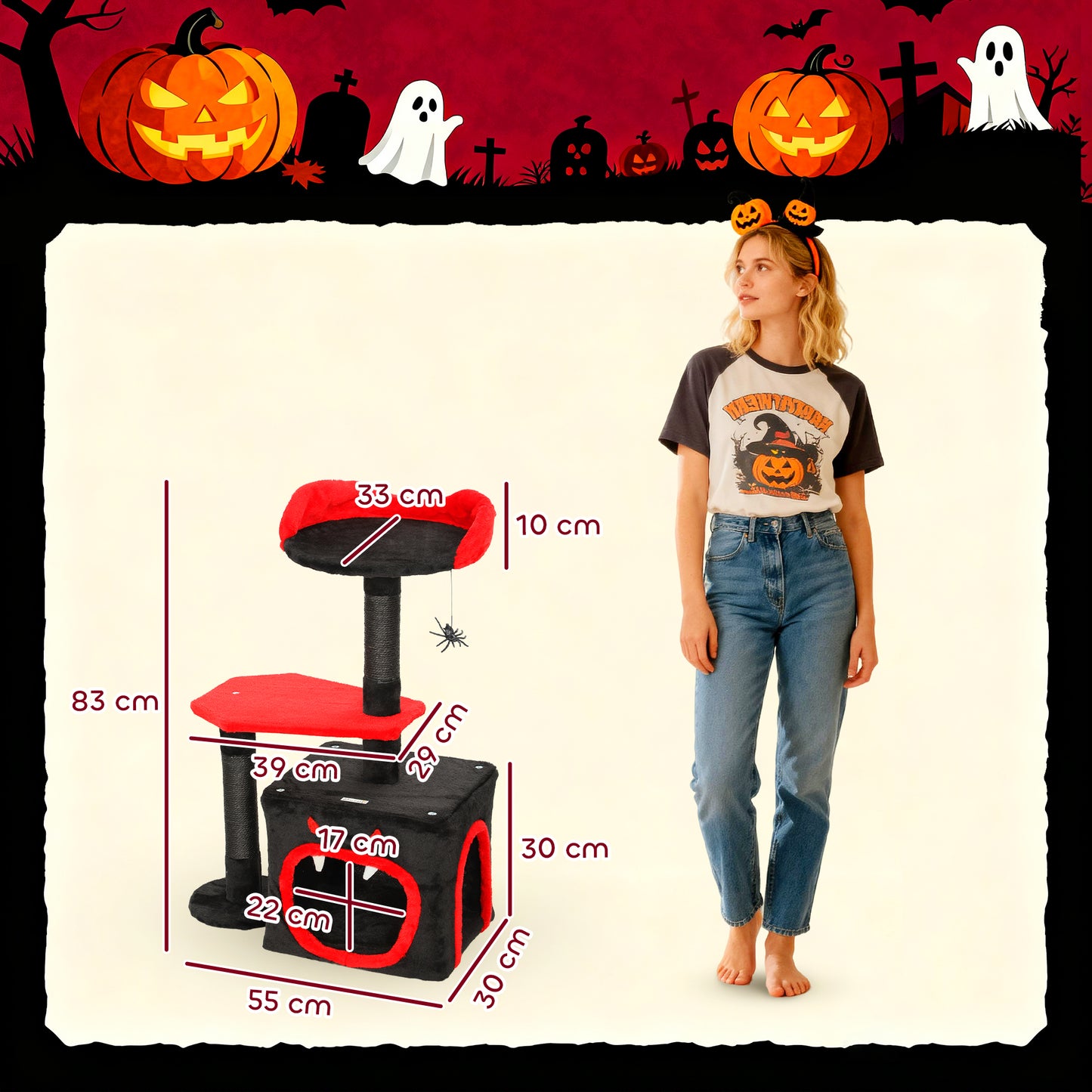 PawHut Cat Tree, Gothic Cat Tower with Scratching Posts, Cute Condo, Coffin Platform, Bed and Spider Toy, Halloween
