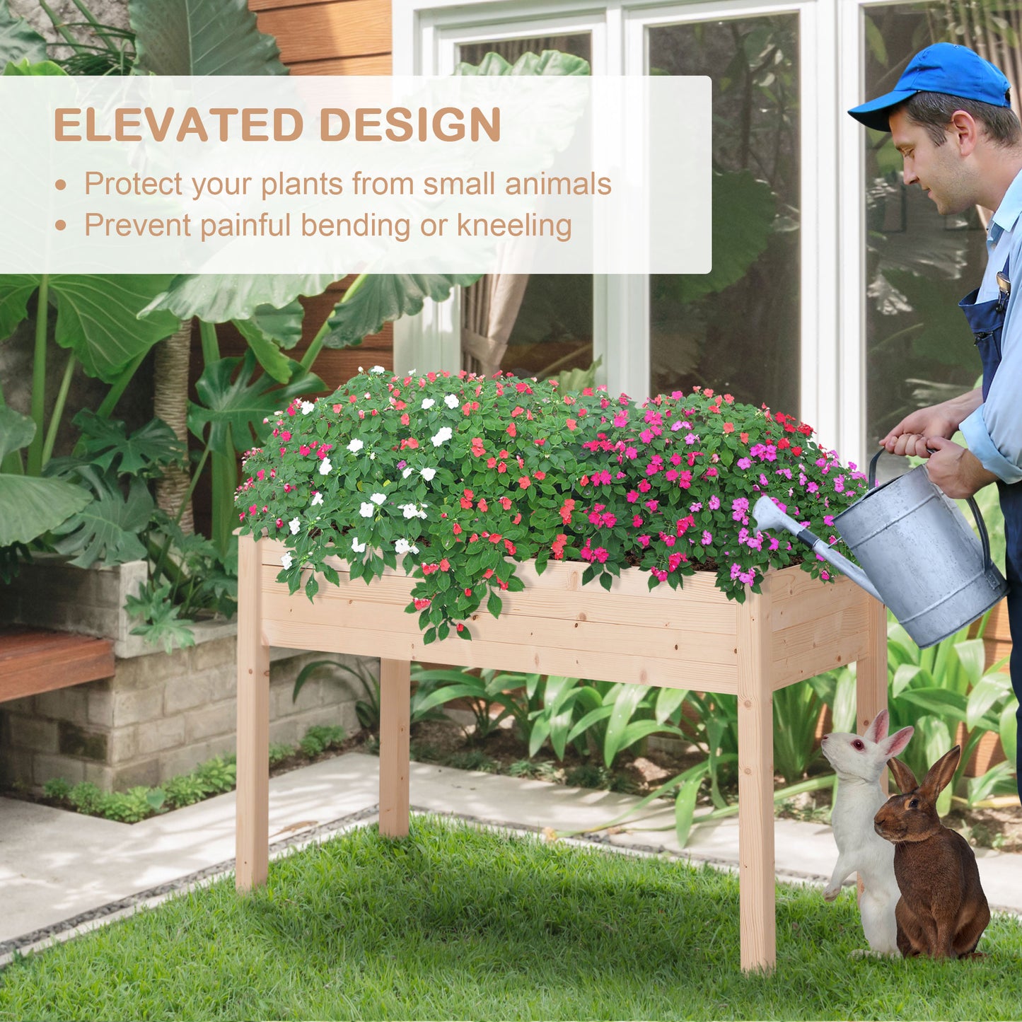 Outsunny Garden Wooden Planters Non-Woven Fabric, Rectangular Raised Bed, Fir Wood Indoor/Outdoor, 122.5Lx56.5Wx76H cm