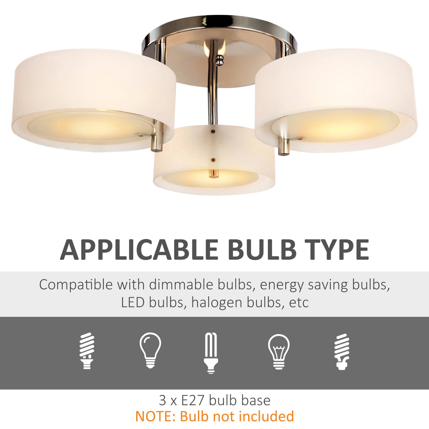 HOMCOM Acrylic Lamp Indoor 3 Light Pendant Chandelier Flush Mount Office Living Room Bedroom w/ Chrome Finish