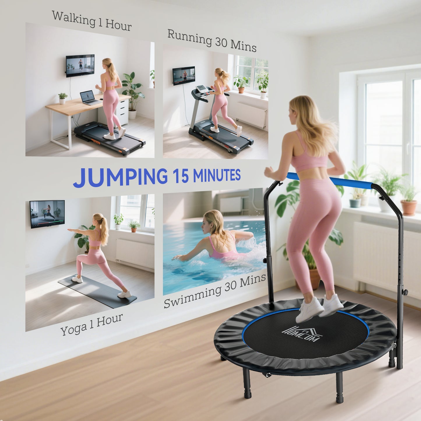 HOMCOM 48" Foldable Mini Fitness Trampoline, with Adjustable Foam Handle, Blue