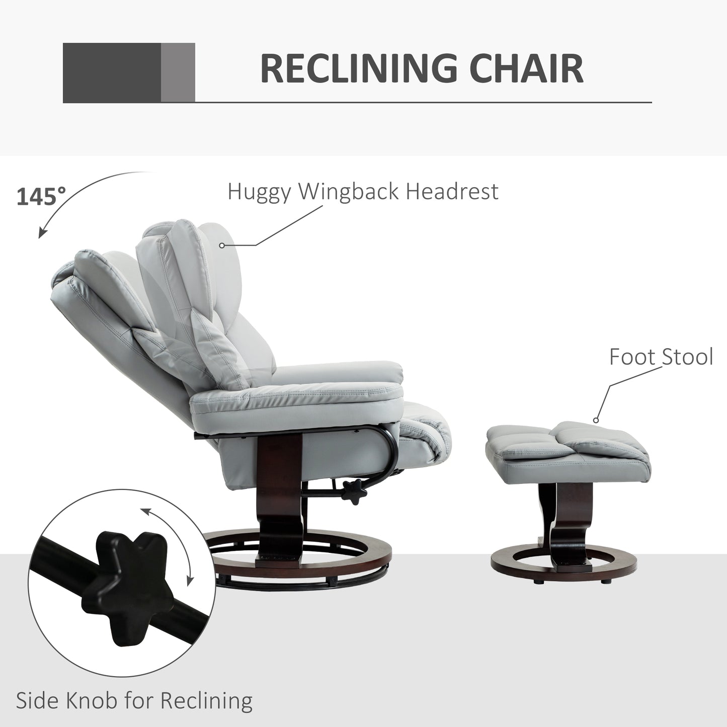 HOMCOM 360° Swivel Recliner Chair with Footstool, PU Leather Manual Recliner Armchair with Footstool, Solid Wood Base, Upholstered Reclining Chair for Living Room, Bedroom, Office, Light Grey