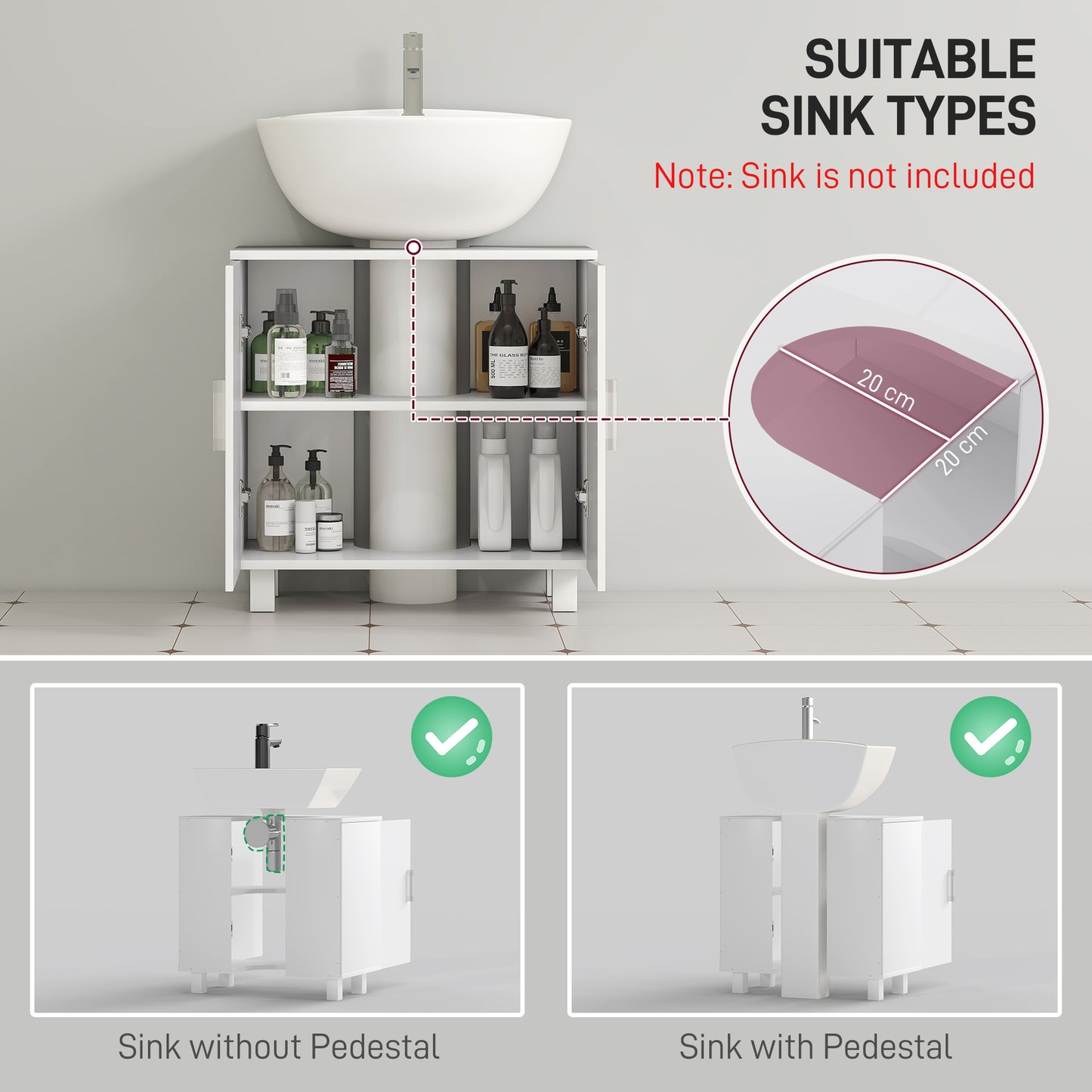 HOMCOM Bathroom Under Sink Cabinet for Basin without or with Pedestal - High Gloss White