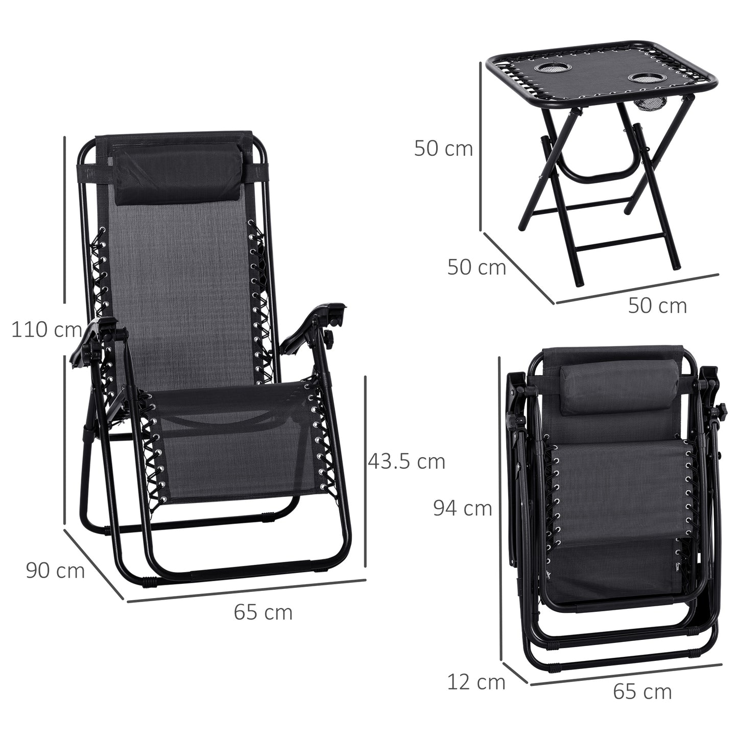 Outsunny Folding Zero Gravity Chairs, 3 Pieces Adjustable Sun Lounger and Table Set with Cup Holder and Headrest, Patio Bistro Set with Reclining Garden Chairs for Outdoor, Black
