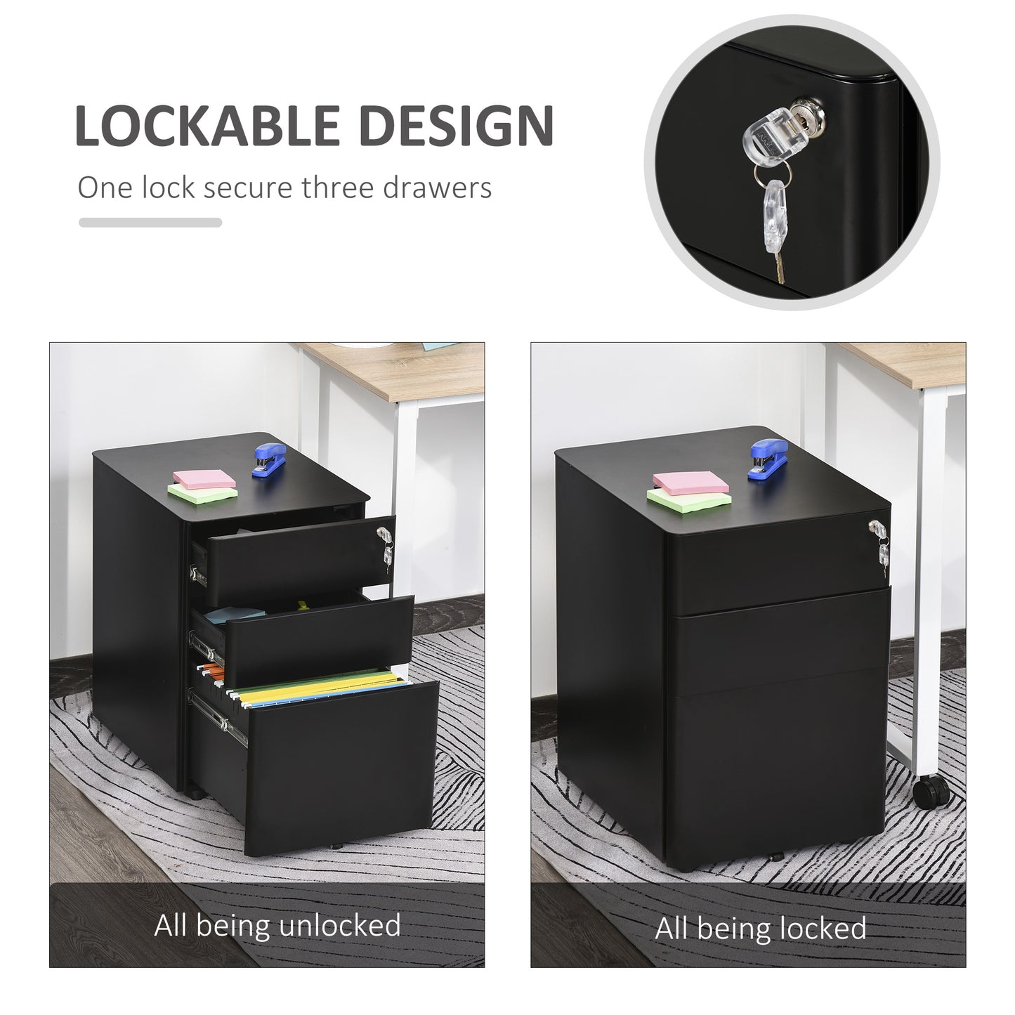 Vinsetto Lockable Cabinet, Rolling Filing Cabinet with 3 Drawers, Steel Office Drawer Unit for A4, Letter, Legal Sized Files