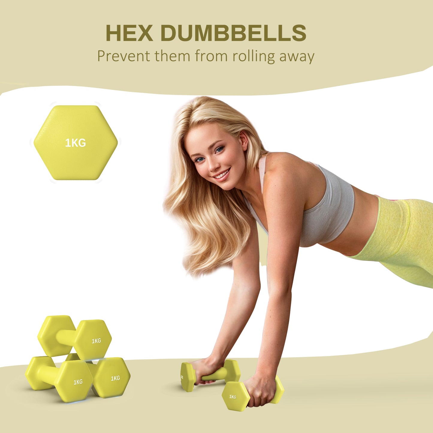 SPORTNOW 2 x 1kg Hexagonal Dumbbells Weights Set with Non-Slip Grip for Home Gym Workout, Yellow