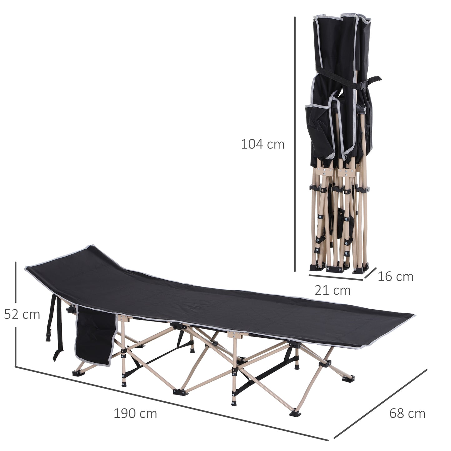 Outsunny Single Person Camping Bed Folding Cot Outdoor Patio Portable Military Sleeping Bed Travel Guest Leisure Fishing with Side Pocket and Carry Bag - Black