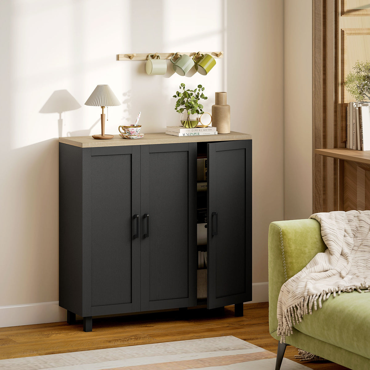 HOMCOM Sideboard Buffet Cabinet, Kitchen Storage Cabinet with 3 Doors and Adjustable Shelves for Living Room, Kitchen, Black