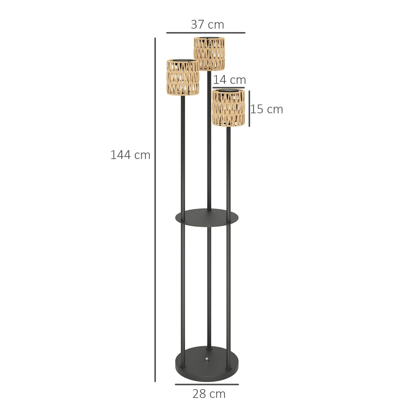 Outsunny Boho Rattan Floor Lamp, 3-Lights Rattan Lamp with Shelf, Freestanding Solar Garden Light with Auto On/Off Lights, IP44 Waterproof for Porch, Pathway, Deck, Yellow