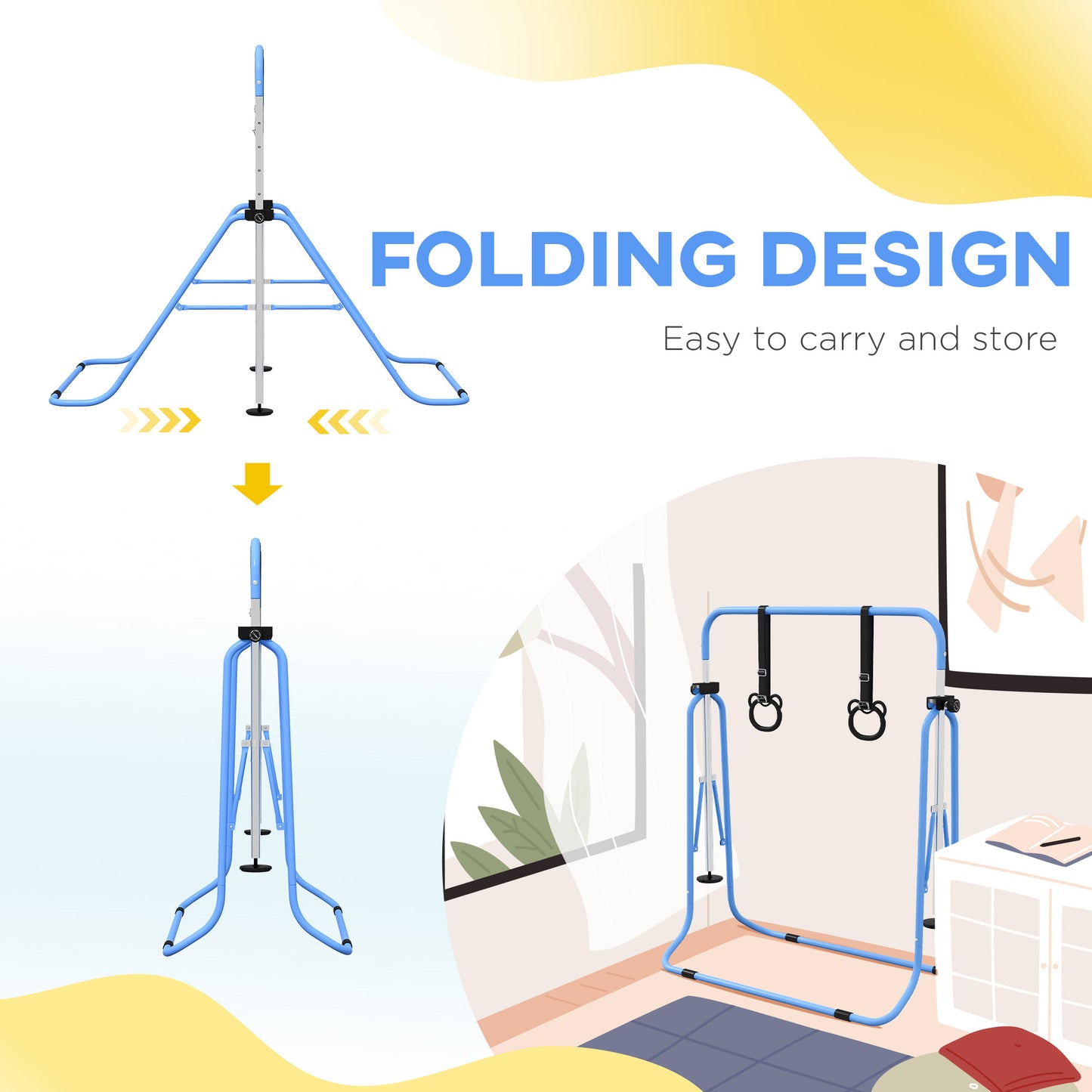 HOMCOM Adjustable Height, Foldable Kids Gymnastics Bar w/ Non-slip Rubber Floor Rings, for 3+ Years, Blue