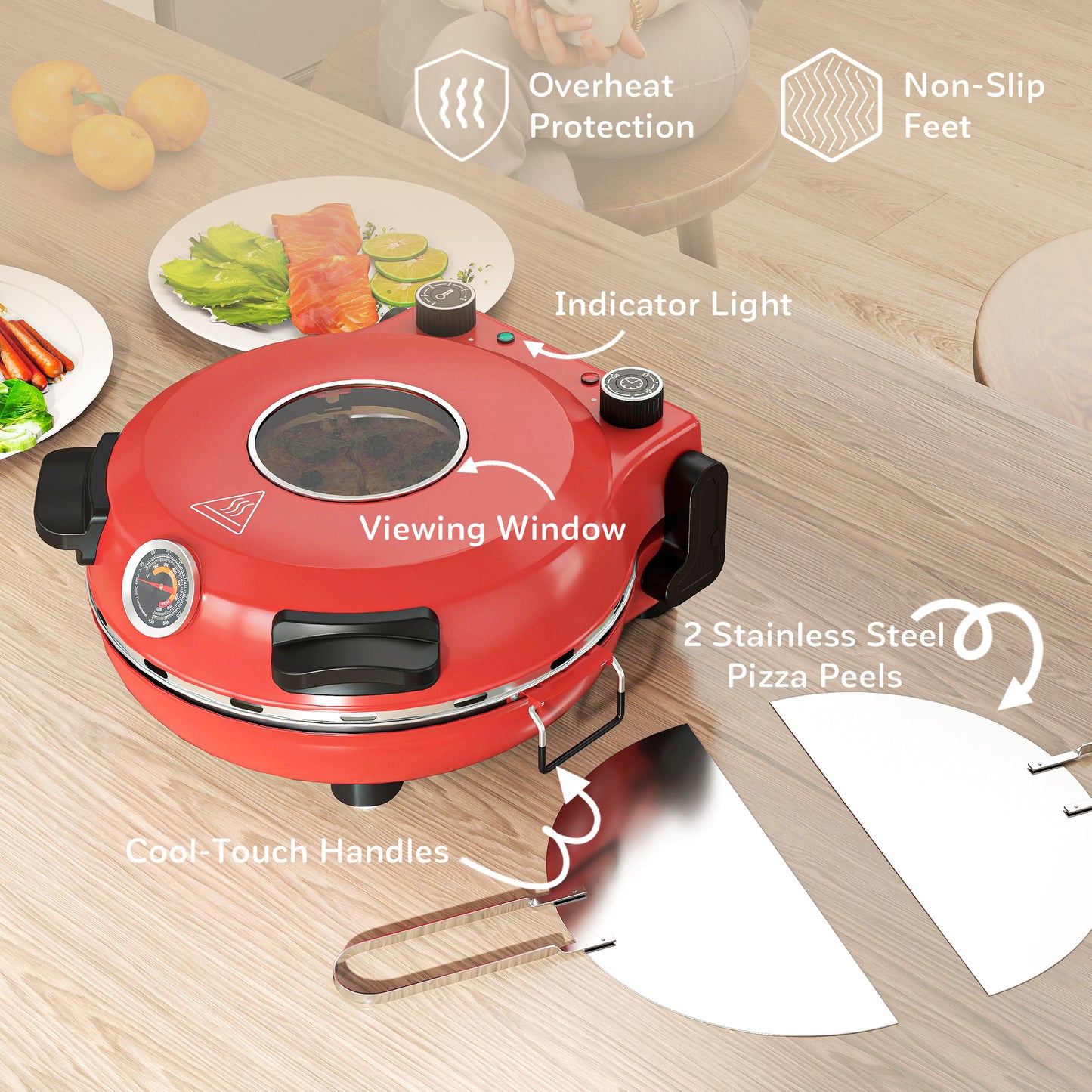HOMCOM 1200W Pizza Oven, 12 Inch Electric Pizza Maker with Viewing Window, Dual Knob Temp & Timer Control, Overheat Protection, Red