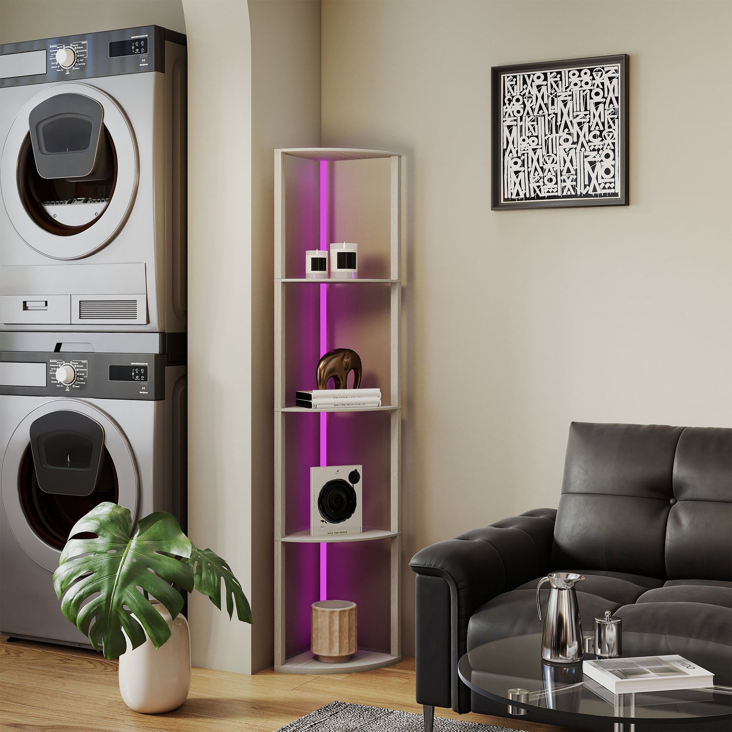 HOMCOM RGB LED Floor Lamp with Shelves, 5-Tier Dimmable Standing Lamp with Adjustable Brightness and Remote Control, Modern Corner Display Shelf Unit for Living Room Bedroom Office, Oak