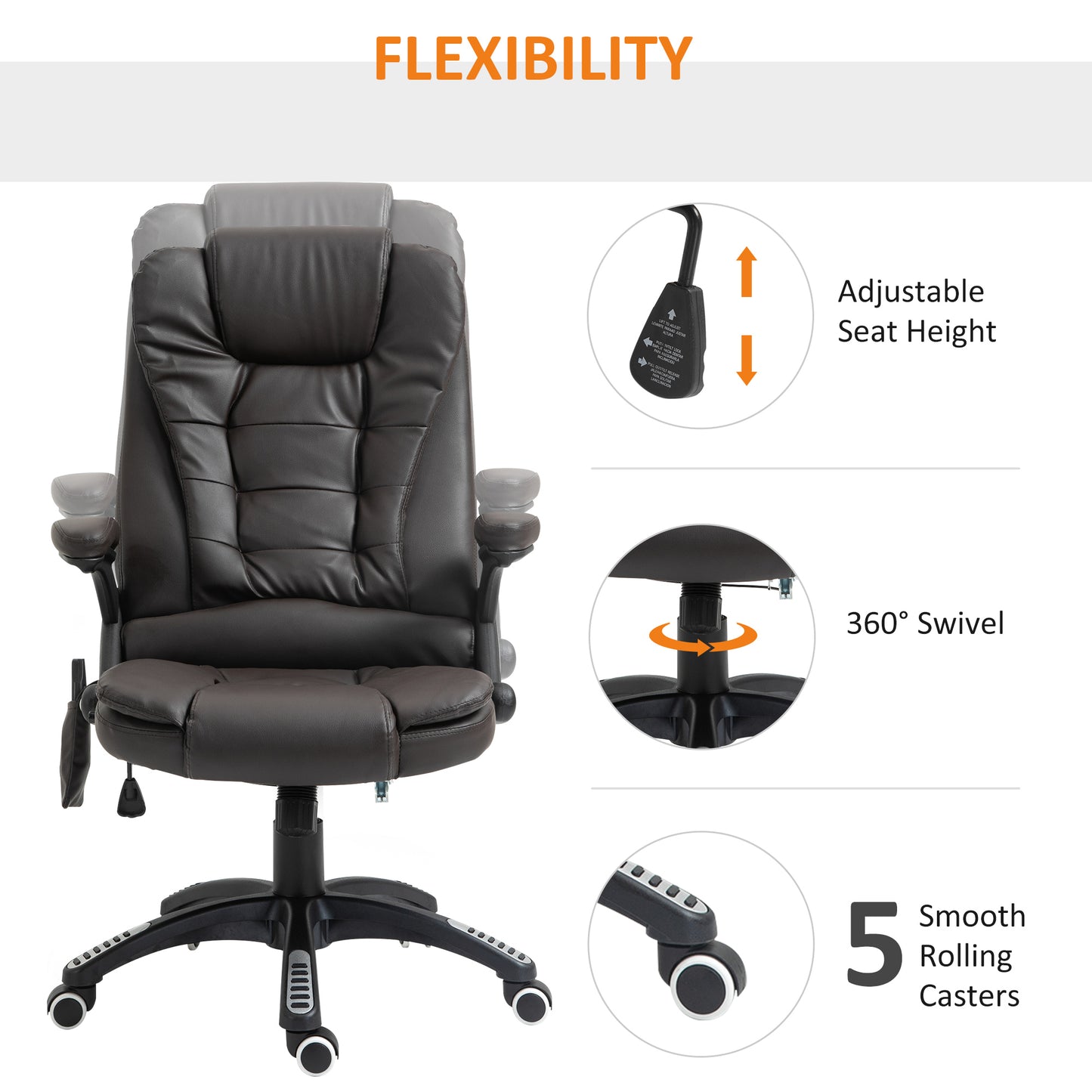 HOMCOM 6-Point Massage Office Chair with Seat Heated for Home Office, PU Leather High Back Executive Desk Chair with Adjustable Height and 360° Swivel for Work Study, Brown