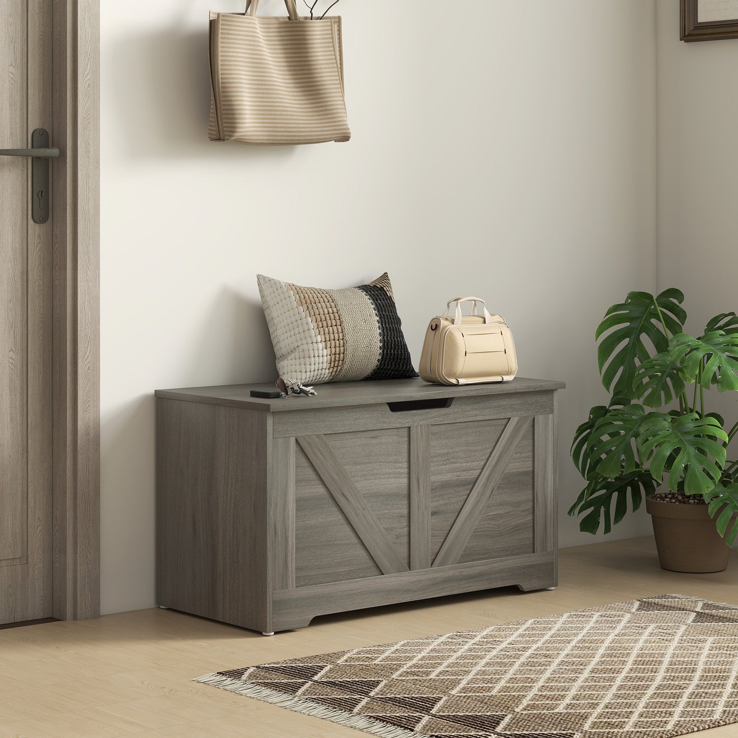 HOMCOM 100L Home Storage Box, with Safety Hinges - Charcoal Grey