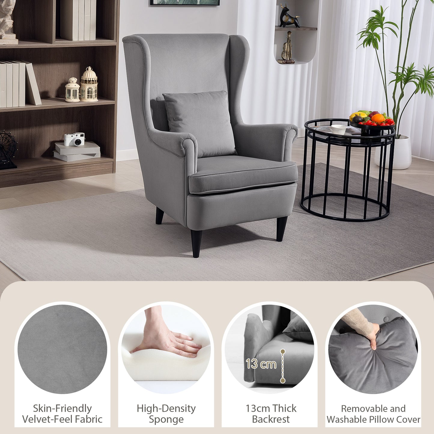 HOMCOM Modern Accent Chair, Upholstered Wingback Armchair with High Backrest and Pillow, Velvet-Feel Fabric Reading Chair with Solid Wood Legs for Living Room, Bedroom, Home Office, Dark Grey