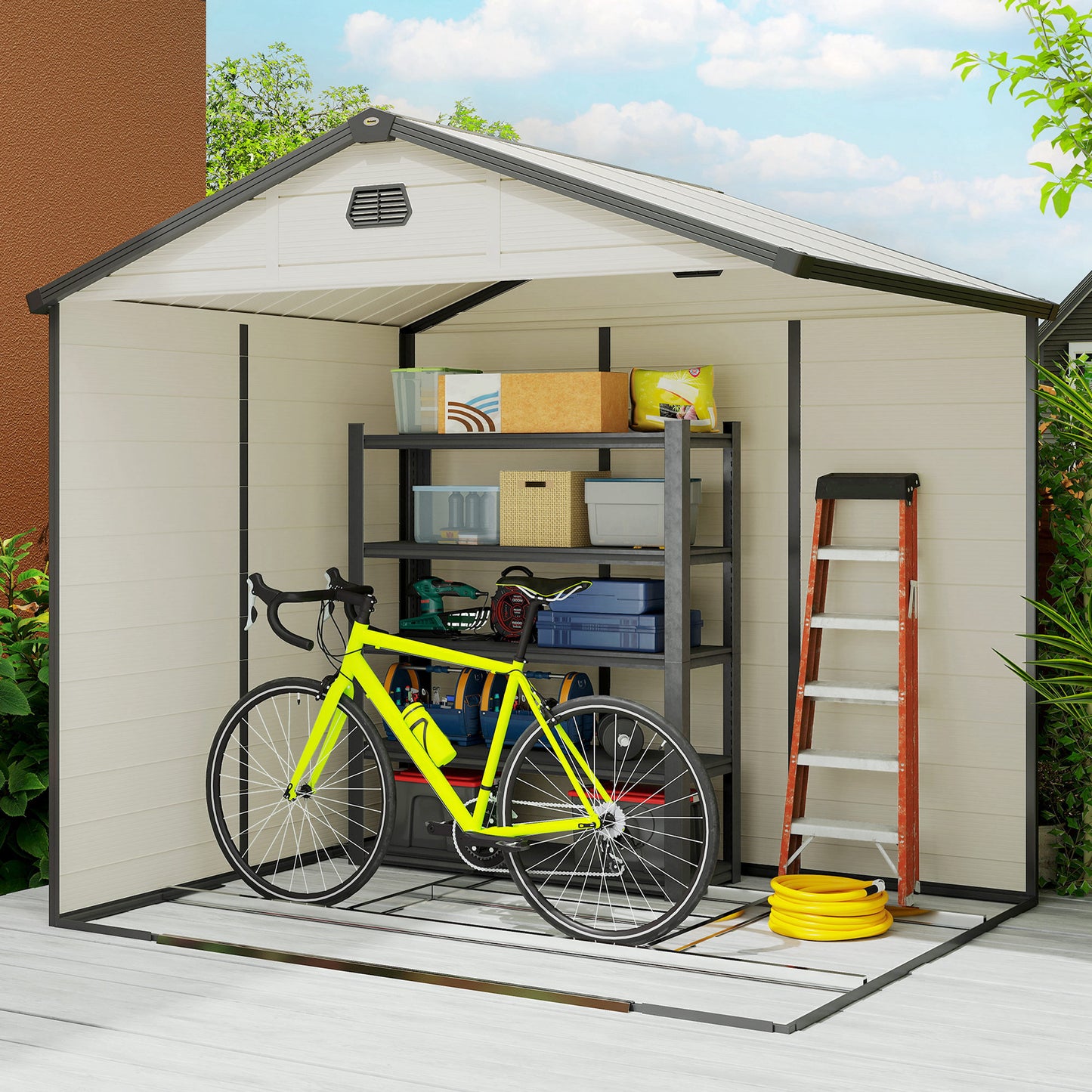 Outsunny 7.9ft x 6.2ft Aluminium Frame and Plastic Wall Shed, with Foundation - Cream White