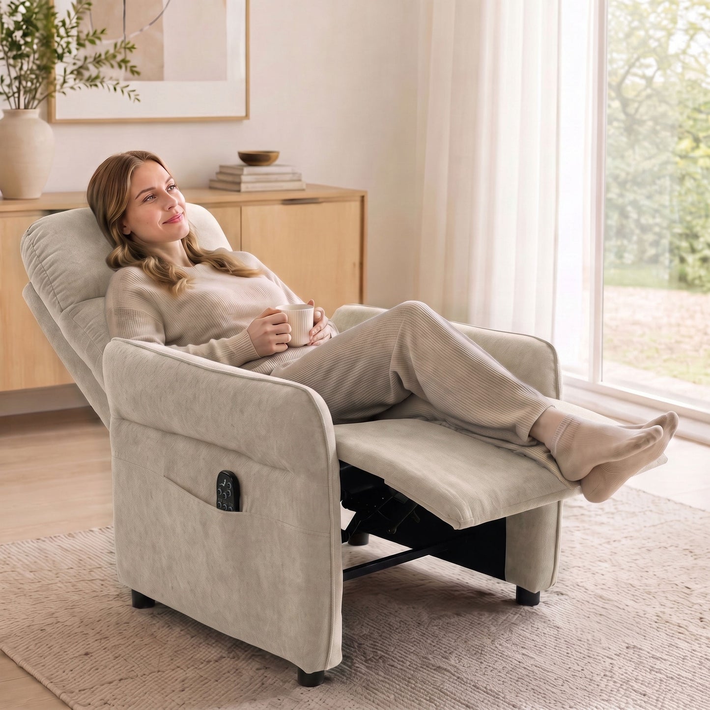 HOMCOM Recliner Armchair, Push Back Recliner Chair with Massage & Heat, Adjustable Armrests, Dual Side Pockets, Beige