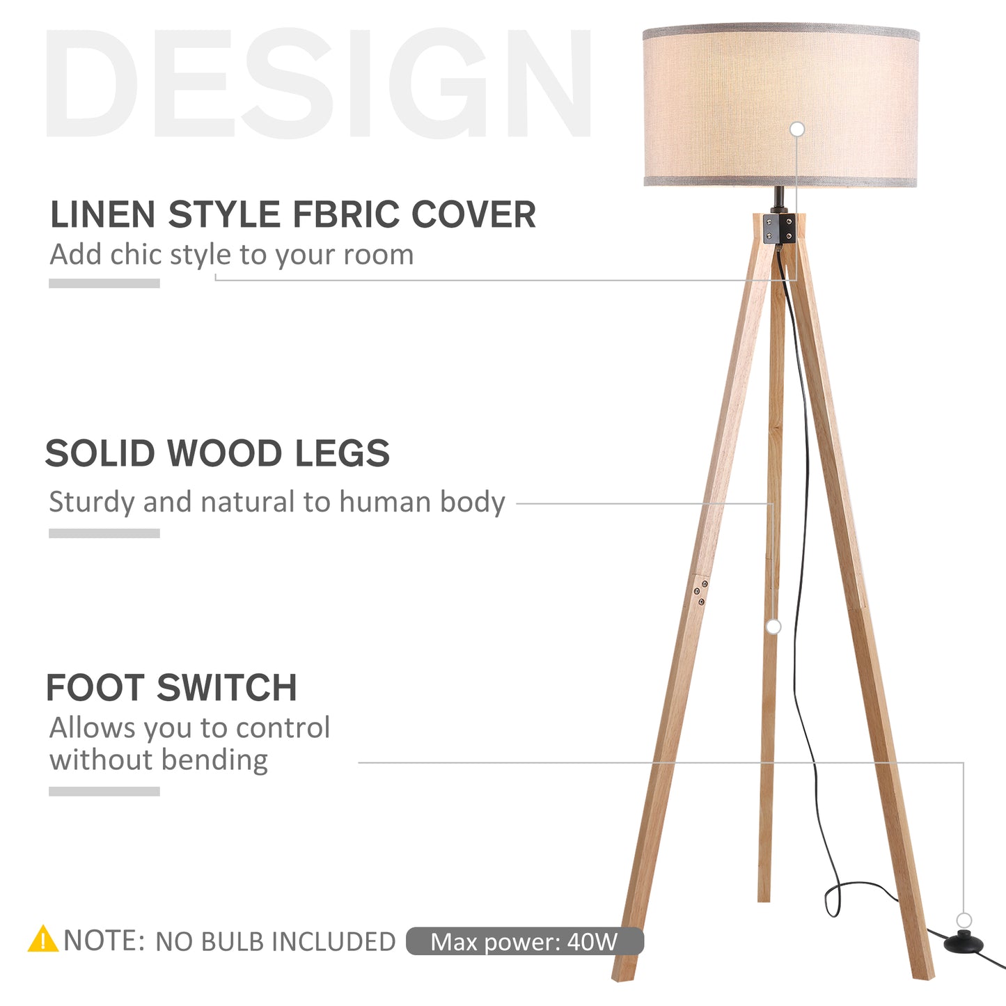 HOMCOM Floor Lamp with Elegant Wood Tripod, Free Standing E27 Bulb Lamp Versatile Use For Home Office - Beige