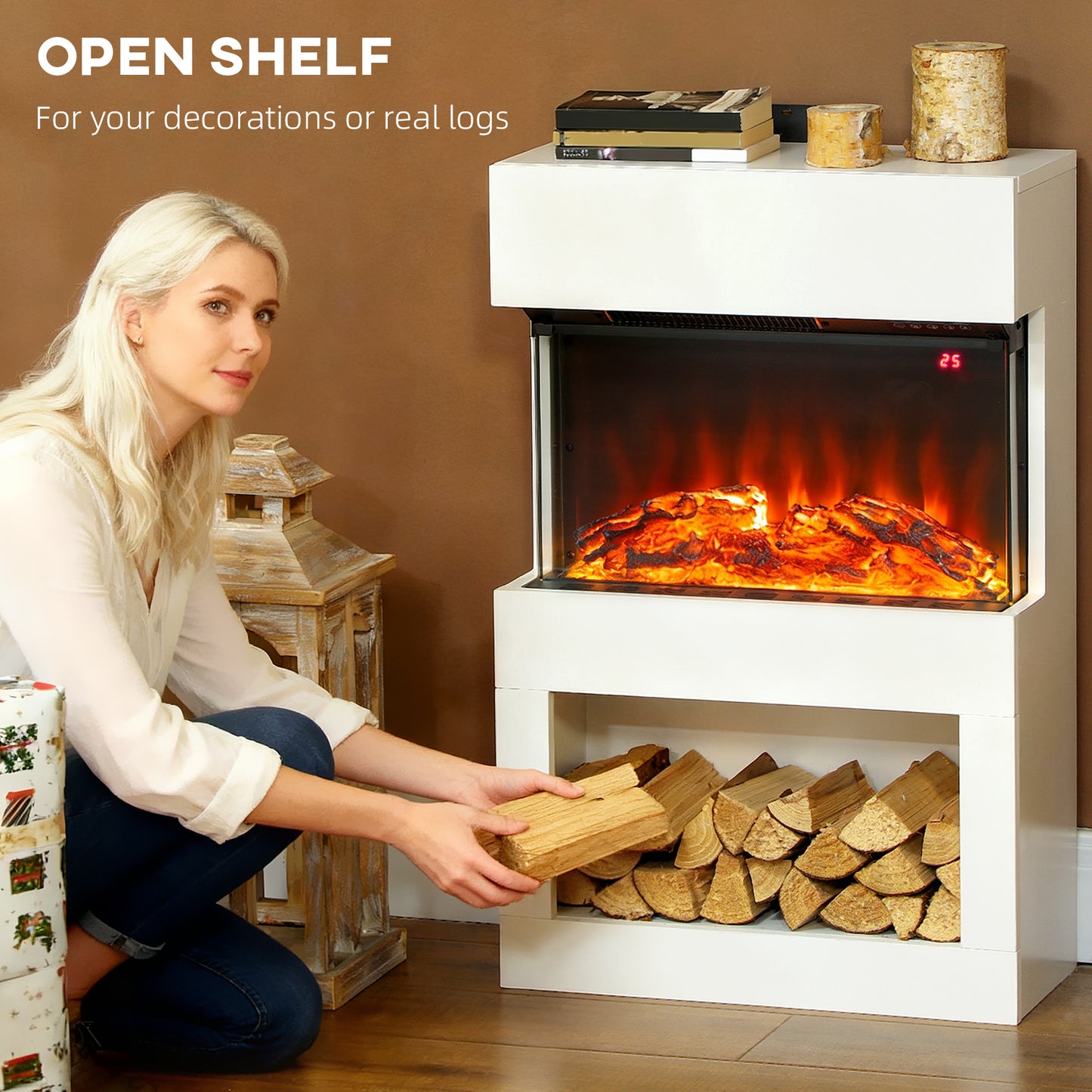 HOMCOM Electric Fireplace with 3D Flame Effect, 6 Colours & 3 Brightness Levels, 1000W/2000W White Electric Fire and Mantel Reach up to 30㎡ Space with Remote & Timer, 3 Sided View for Living Room