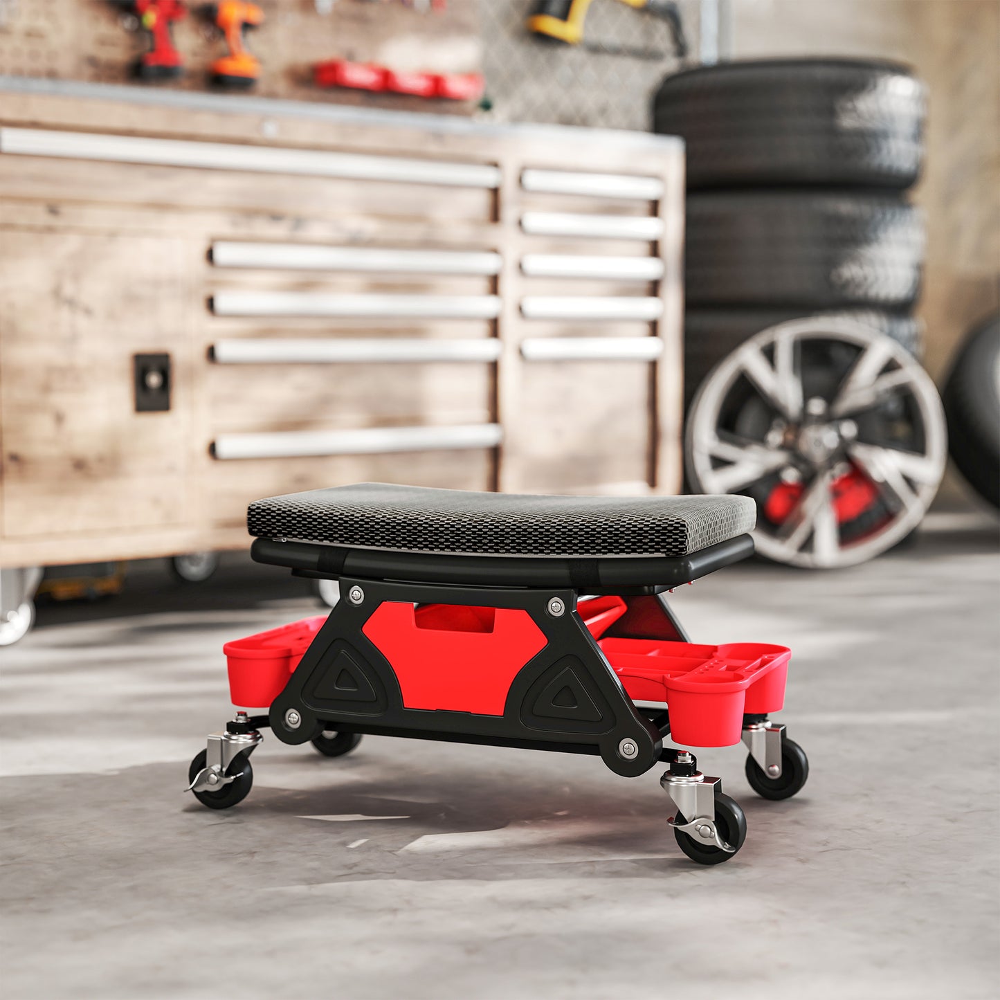 HOMCOM Rolling Mechanic Stool, 135kg Capacity Workshop Stool, 360° Swivel Roller Padded Creeper Seat with Wheels, Slide Out Tool Trays and Drawer for Garage, Shop, Auto Repair, Black