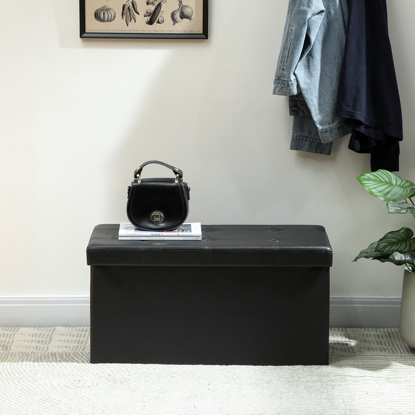 HOMCOM Storage Ottoman Bench, 89L PU Leather Folding Foot Rest Stool, End of Bed Bench, Easy Assembly, for Living Room, Bedroom, Entryway, Black