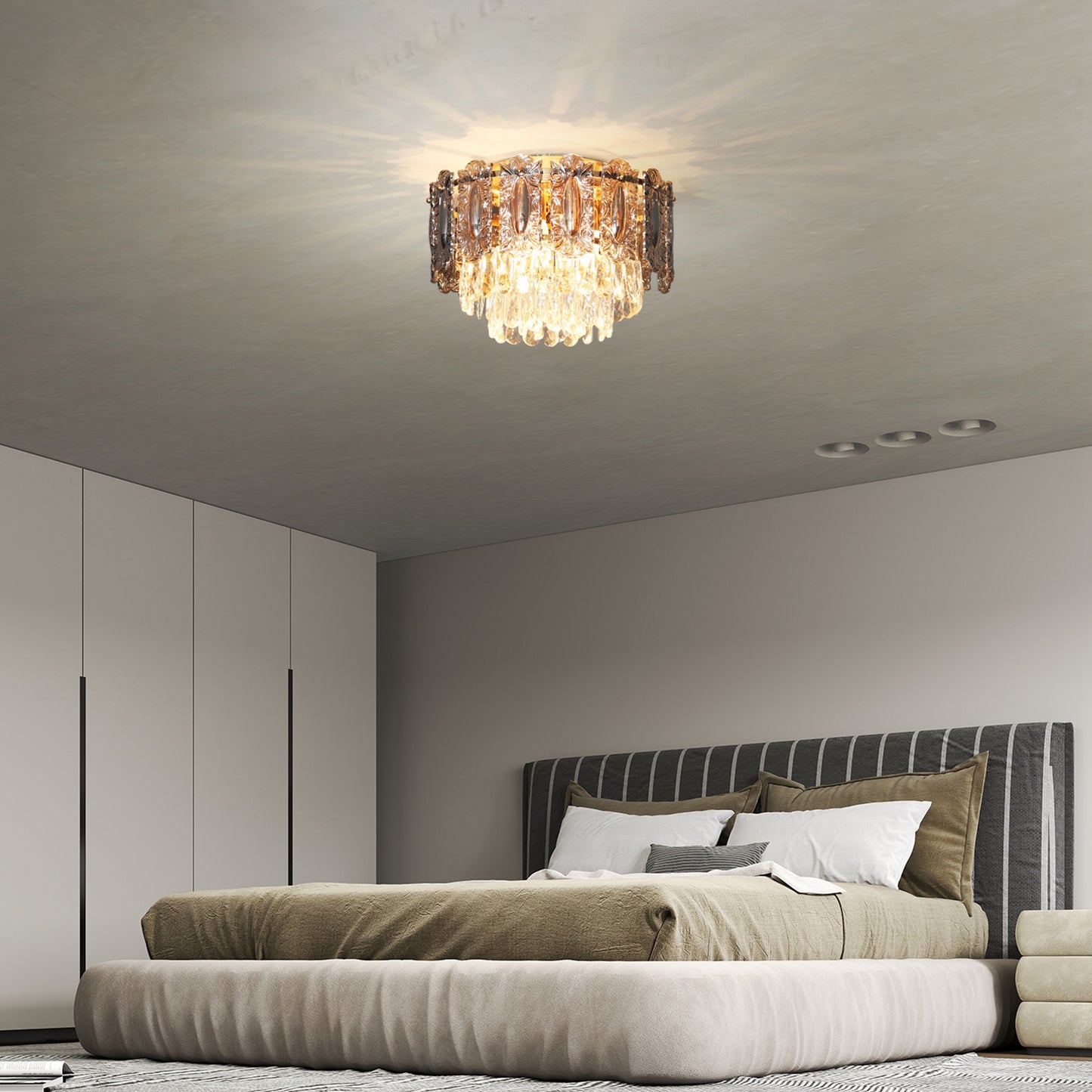 HOMCOM Chandelier Ceiling Light, 3-Light Vintage Flush Mount Fixture with Dual Crystal and Smoke Glass Shade, LED Ceiling Light for Living Room Bedroom, 3 E27 Sockets, Bulbs Not Included, Gold Tone