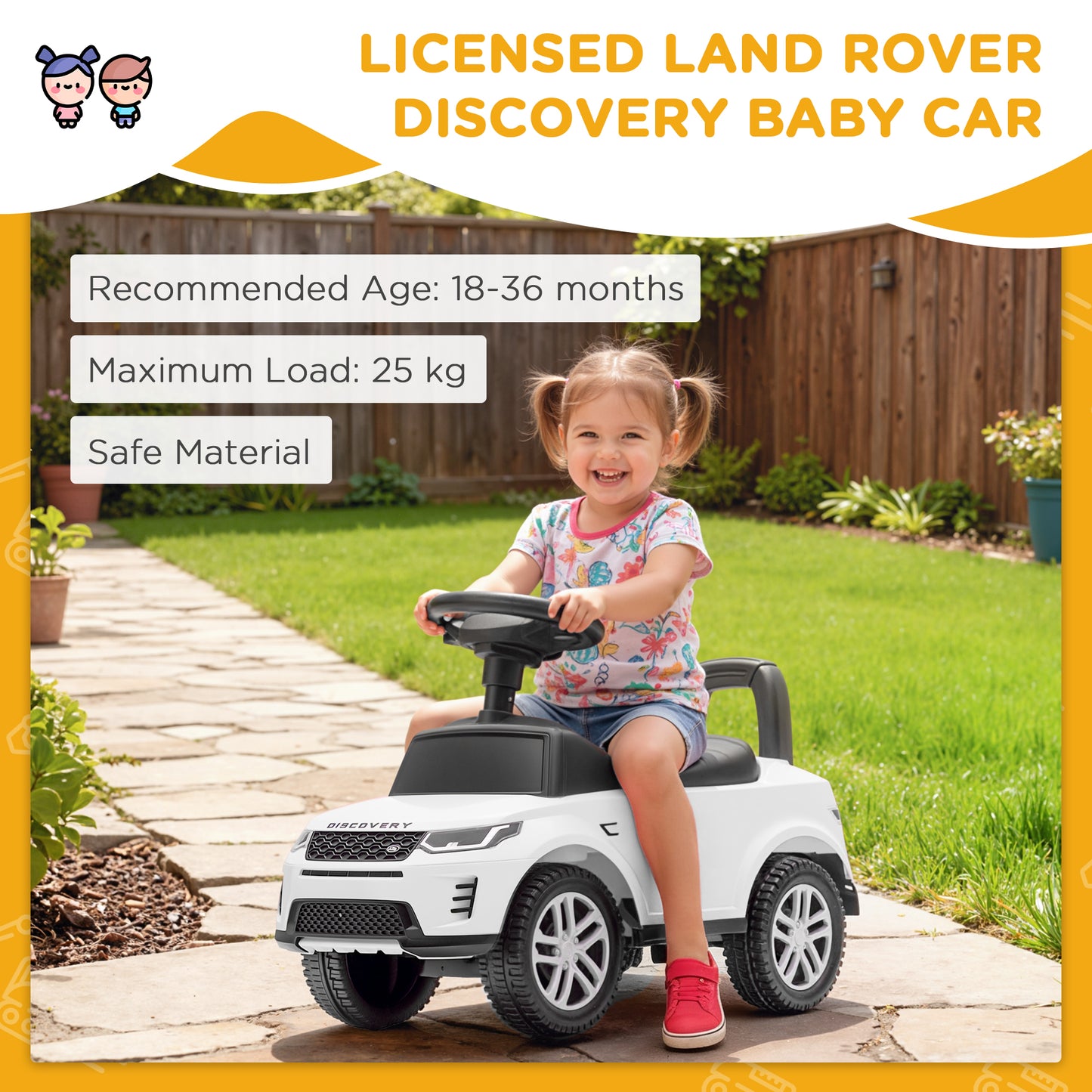 AIYAPLAY Land Rover Licensed Toddler Ride on Car with Horn, Engine Sounds, Under-Seat Storage, for 18-36 Months, White