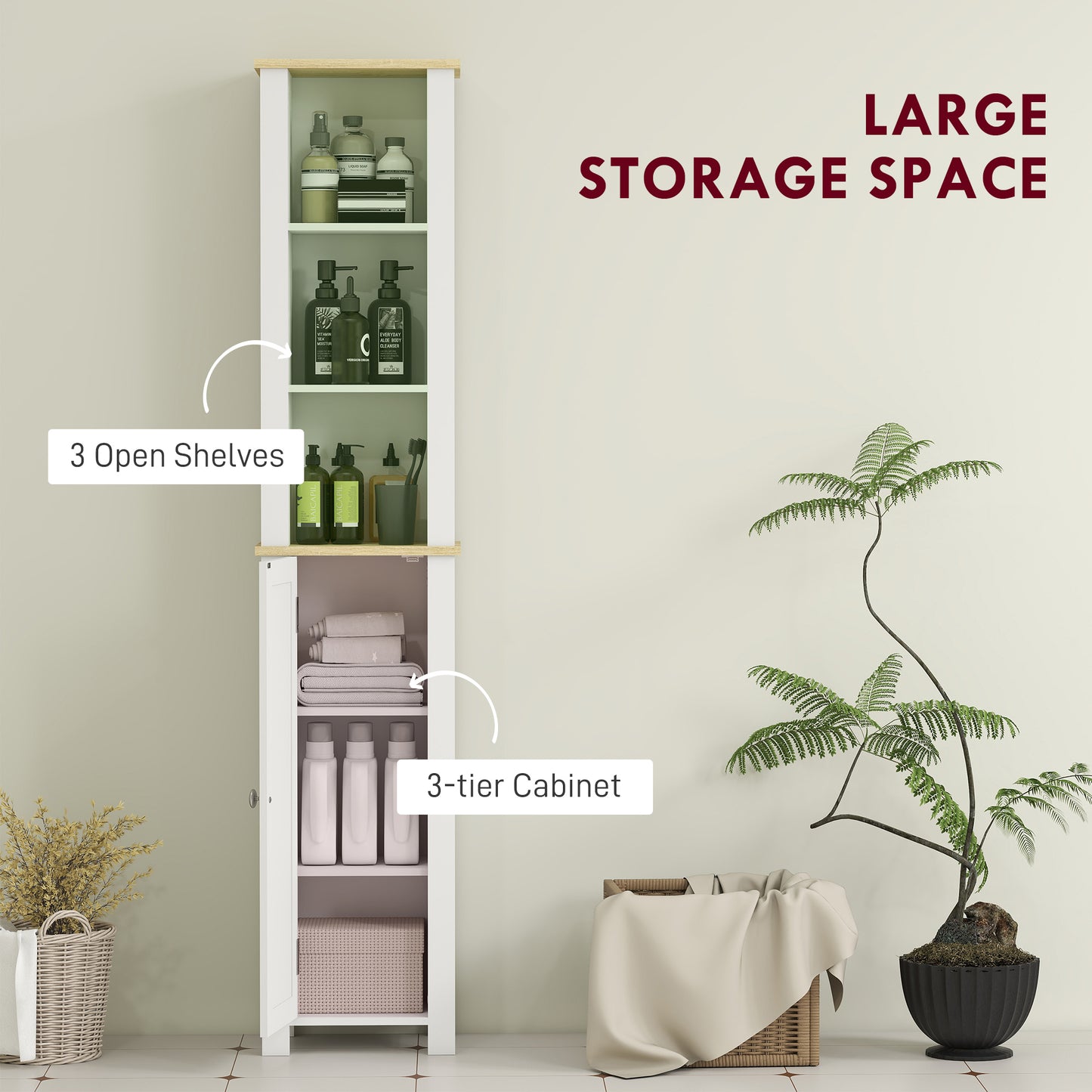 kleankin Slim Bathroom Storage Unit with Open Compartment, Bathroom Storage Cabinet with Adjustable Shelf, 34 x 23 x 165 cm, White
