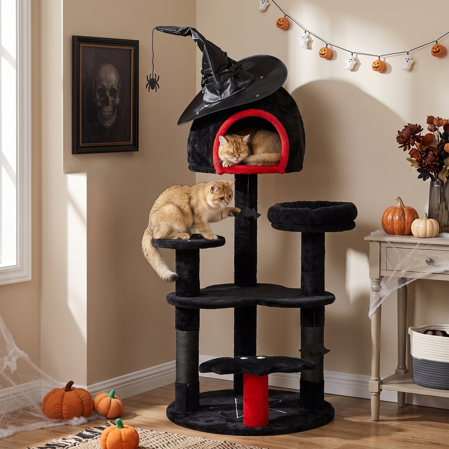 PawHut Gothic Cat Tree, 155cm Cat Tower for Indoor Kittens, Multi-Level Stable Kitten Activity Centre, Black, Halloween
