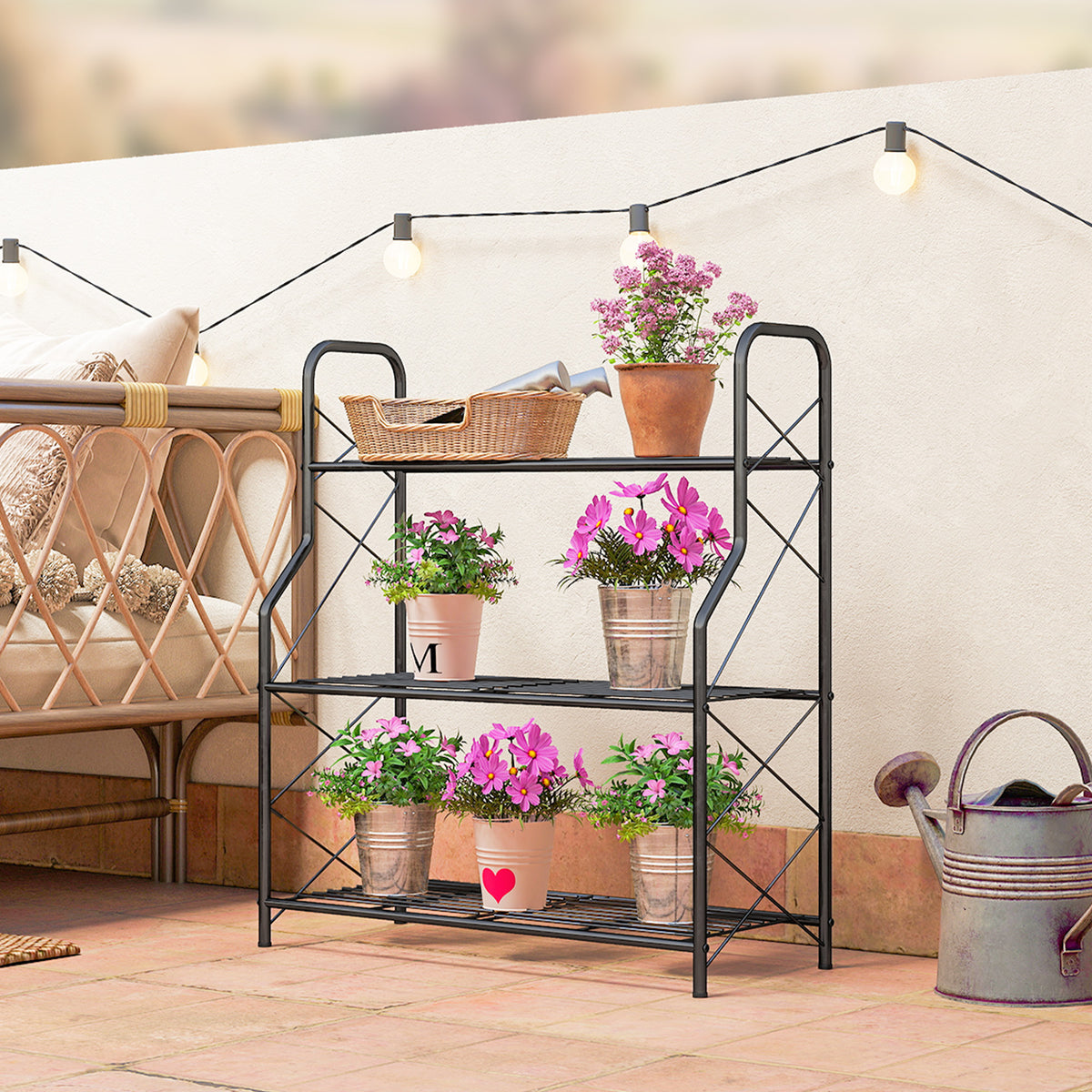 Outsunny 3-Tier Metal Plant Stand, Heavy Duty Ladder Shelf Potted Plants Display Rack, Indoor Outdoor Flower Pot Holder