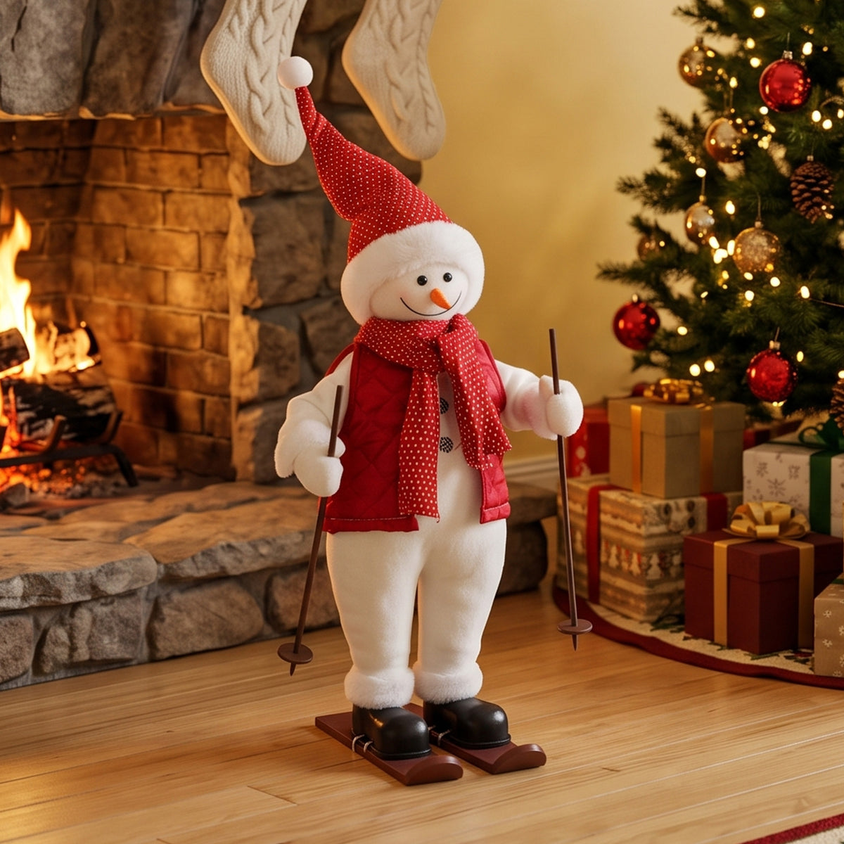 HOMCOM 2ft Singing Skiing Santa Claus, Standing Christmas Animated Santa Figure with Ski Board, Poles, Sound/Touch Activated