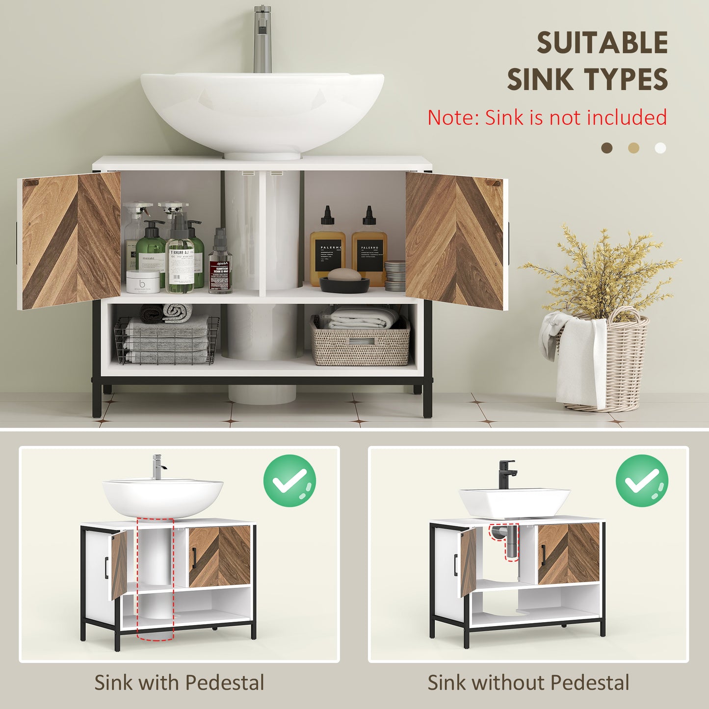 HOMCOM Under Sink Bathroom Cabinet, Rustic Under Sink Cabinet with Herringbone Doors and Open Compartment for Basin with or without Pedestal, 80 x 40 x 60cm, Cream White