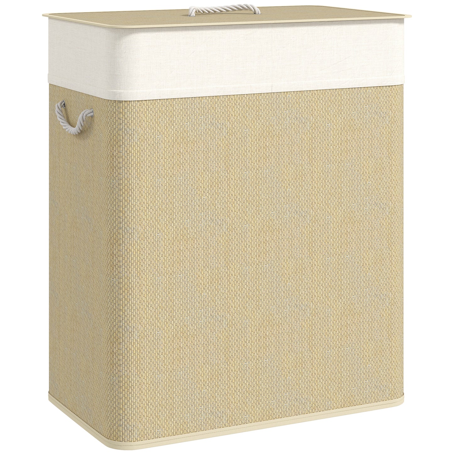 HOMCOM 2 Section Laundry Basket with Lid, 100L Bamboo Laundry Hamper with Handles, Removable and Washable Liner, Cream White