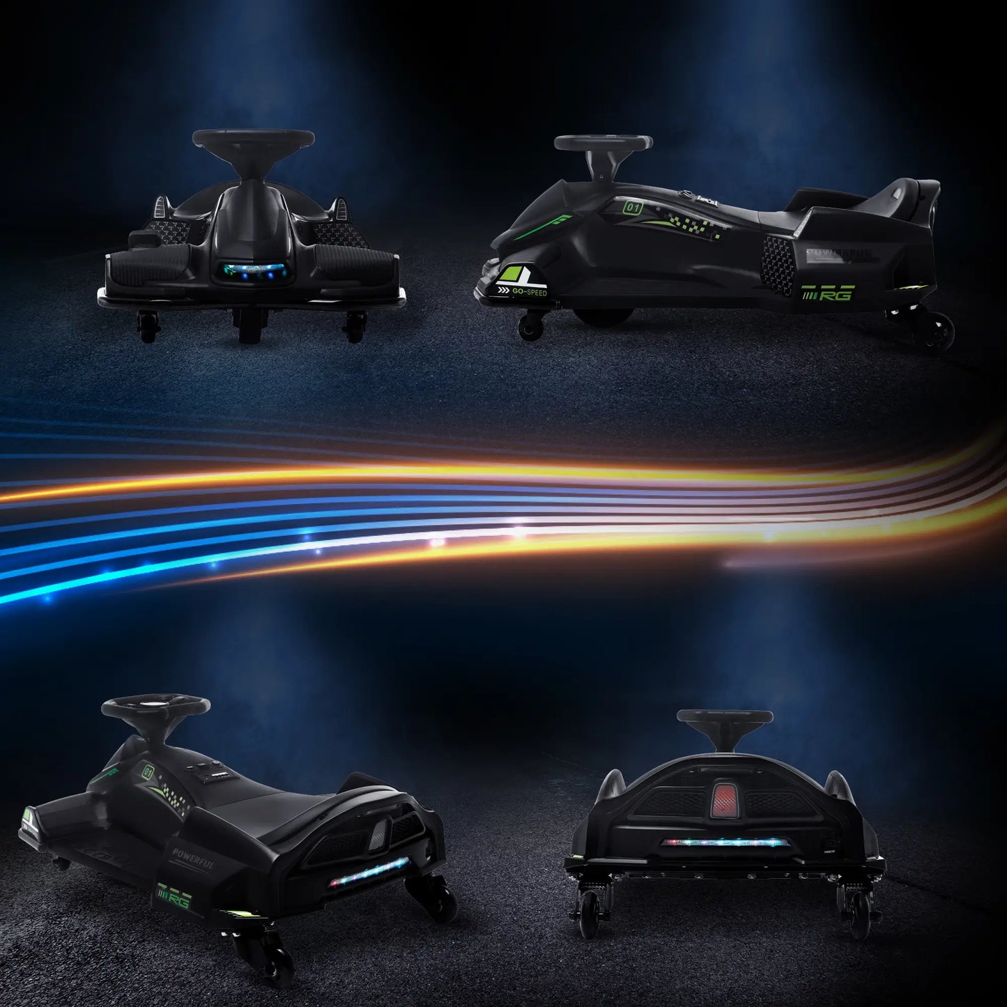 12V Kids Electric Drift Go Kart with Music, LED Lights, Slow Start, Black
