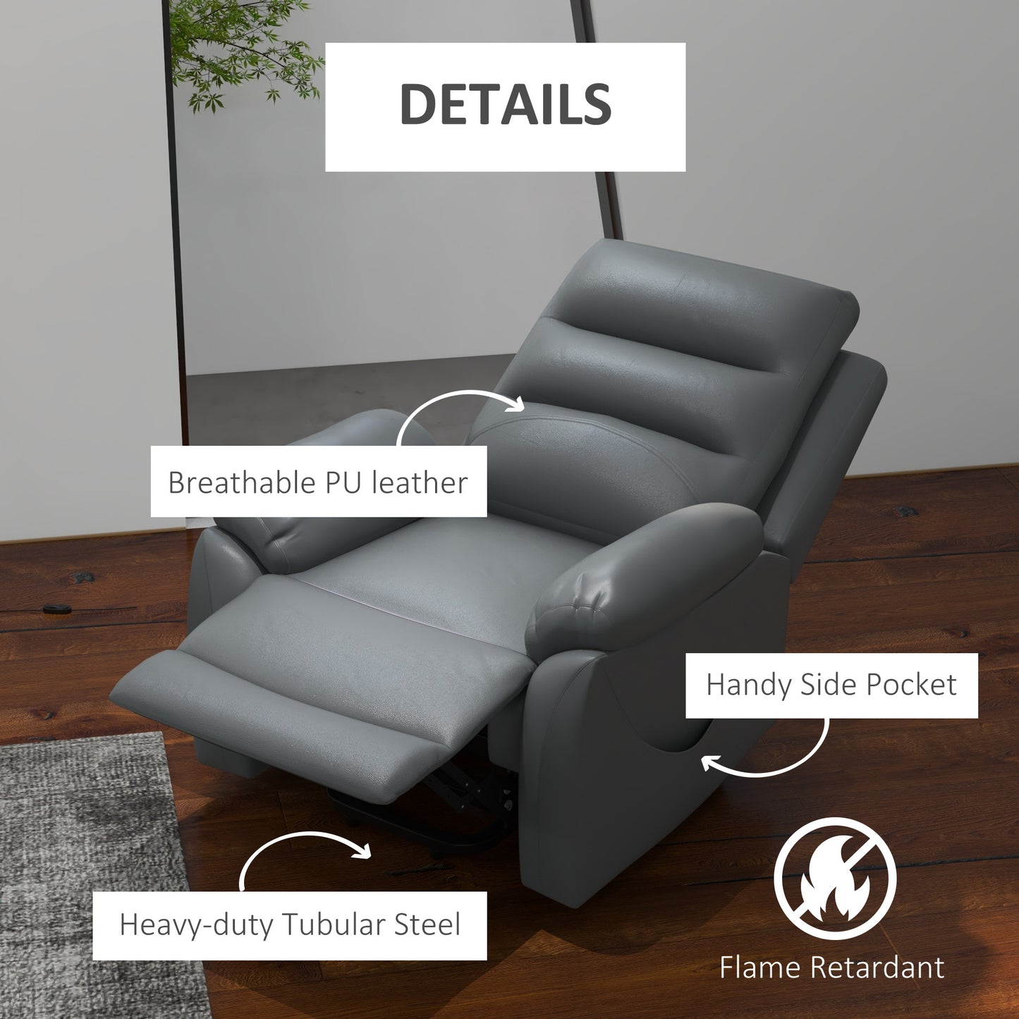 HOMCOM Electric Riser and Recliner for Elderly with 8 Vibration Massage, PU Leather Power Lift Recliner Chair for Living Room with Side Pockets, Footrest, Grey
