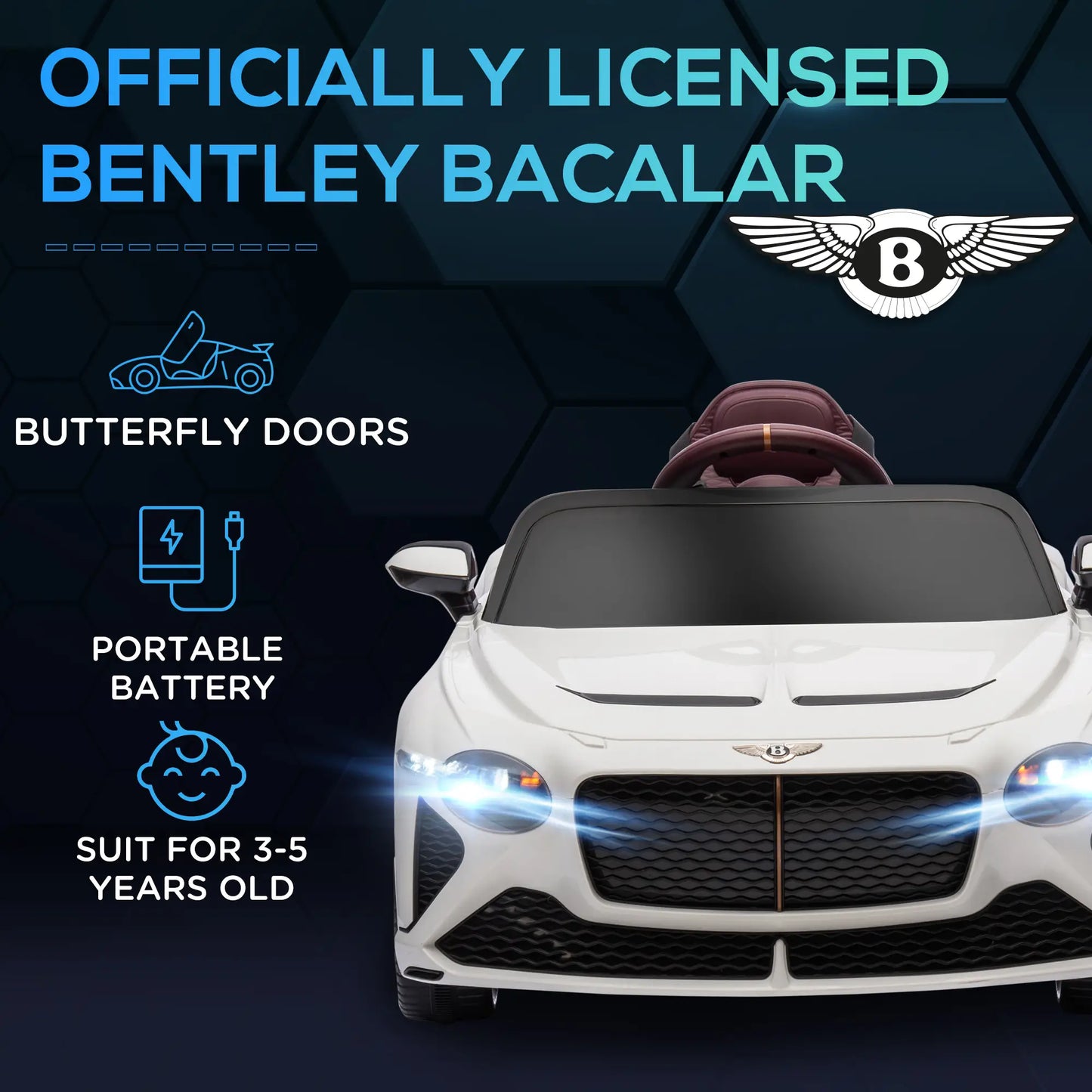 Bentley Bacalar Licensed 12V Kids Electric Car, with Remote Control, Horn, Lights, Music, Suspension Wheels, White