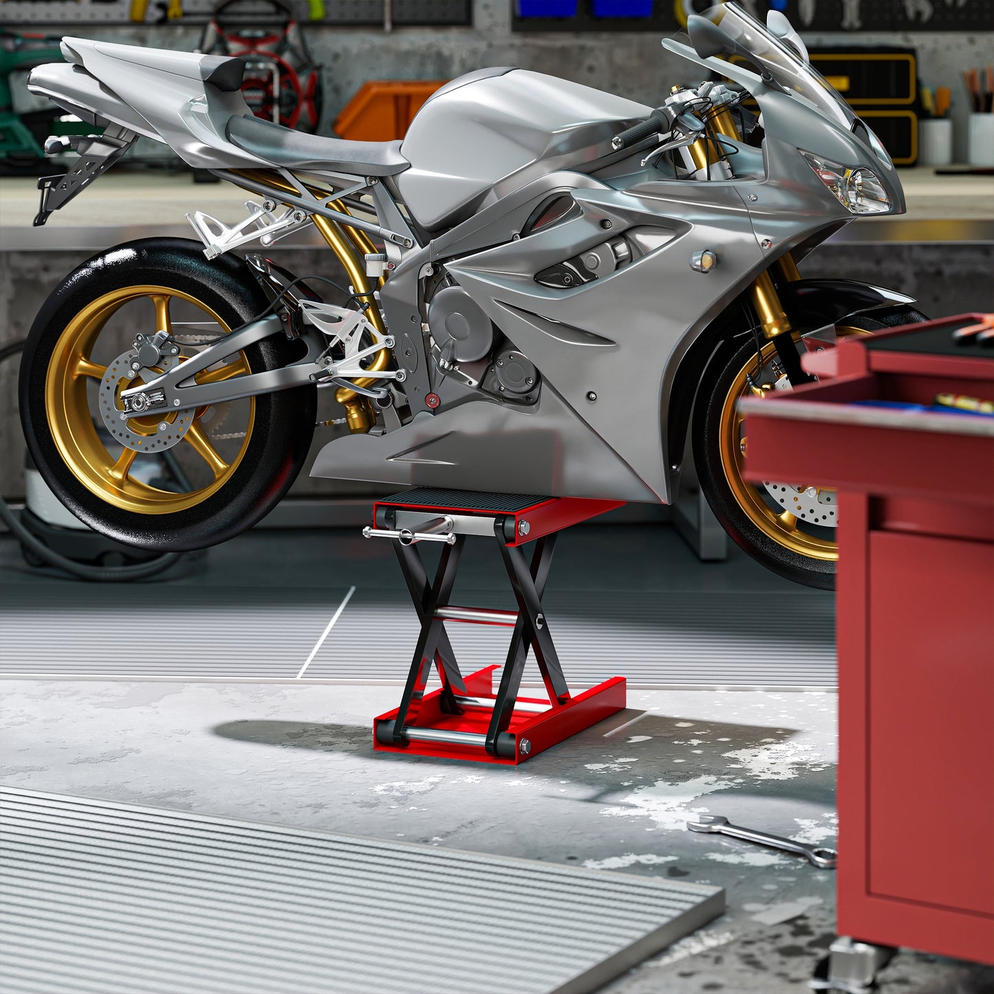 DURHAND 500KG Motorcycle Lift Scissor Jack, Height Adjustable Motorbike Stand with Anti-Slip Wide Deck, Heavy Duty Steel Motorbike Repair Lift Hoist Stand for Home Garage, Red