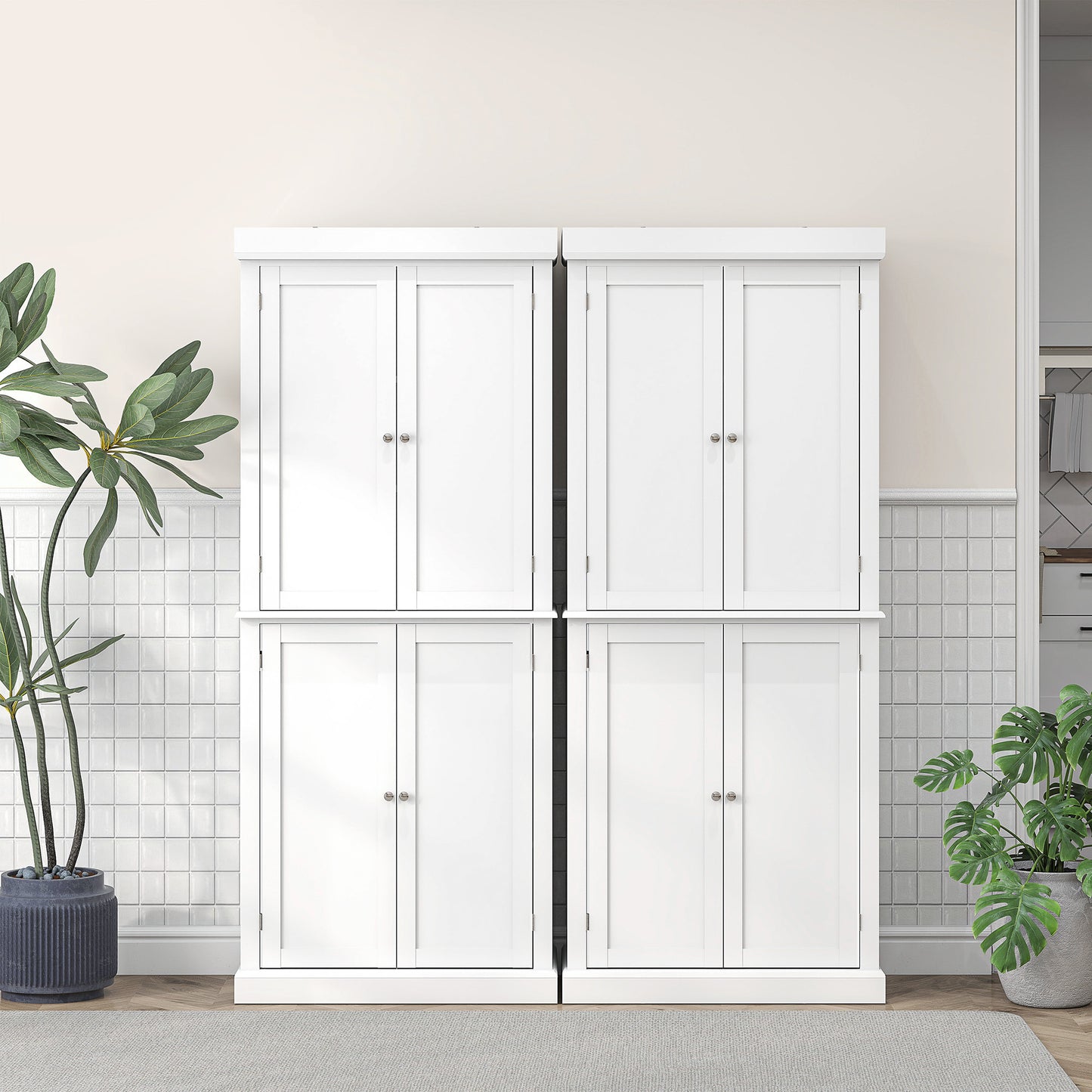 HOMCOM White Kitchen Cupboard with 4 Doors, Tall Design, Adjustable Shelves for Kitchen Storage, White