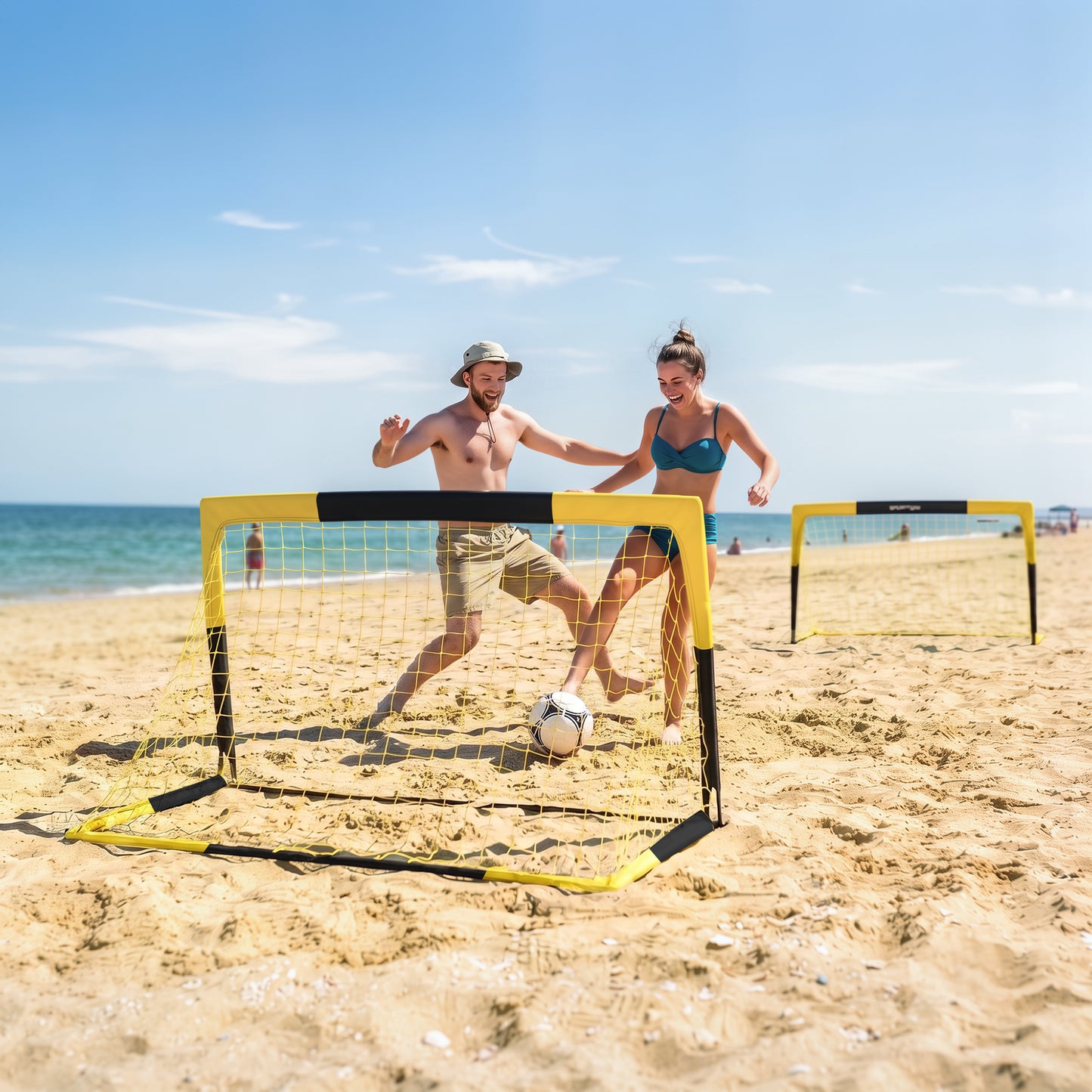 SPORTNOW Set of 2 Pop Up Football Goal, Portable Folding Football Net with Carry Bag, 8 U-Shaped Ground Stakes, Fibreglass Pole