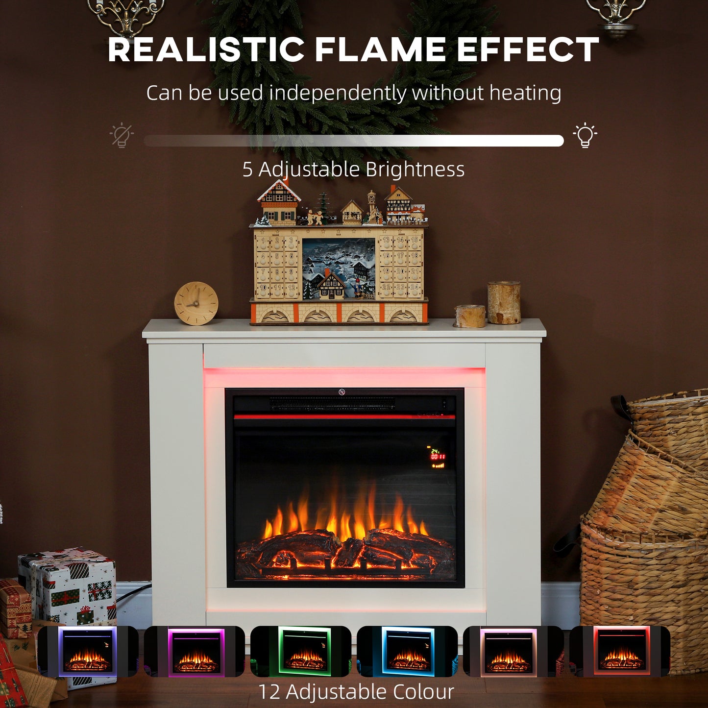 HOMCOM Electric Fireplace with 12 Colours Realistic Flame Effect & 5 Brightness Levels, 1000W/2000W Inset Electric Fire and Mantel Reach up to 30 m² Space with Remote & Timer for Living Room, White