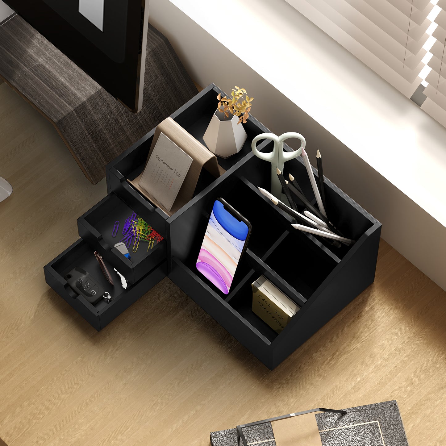 HOMCOM Desk Organiser Holder, Bamboo Multi-Function Storage Caddy with 7 Storage Compartments and 2 Drawers for Home Office Stationary Supplies, Black