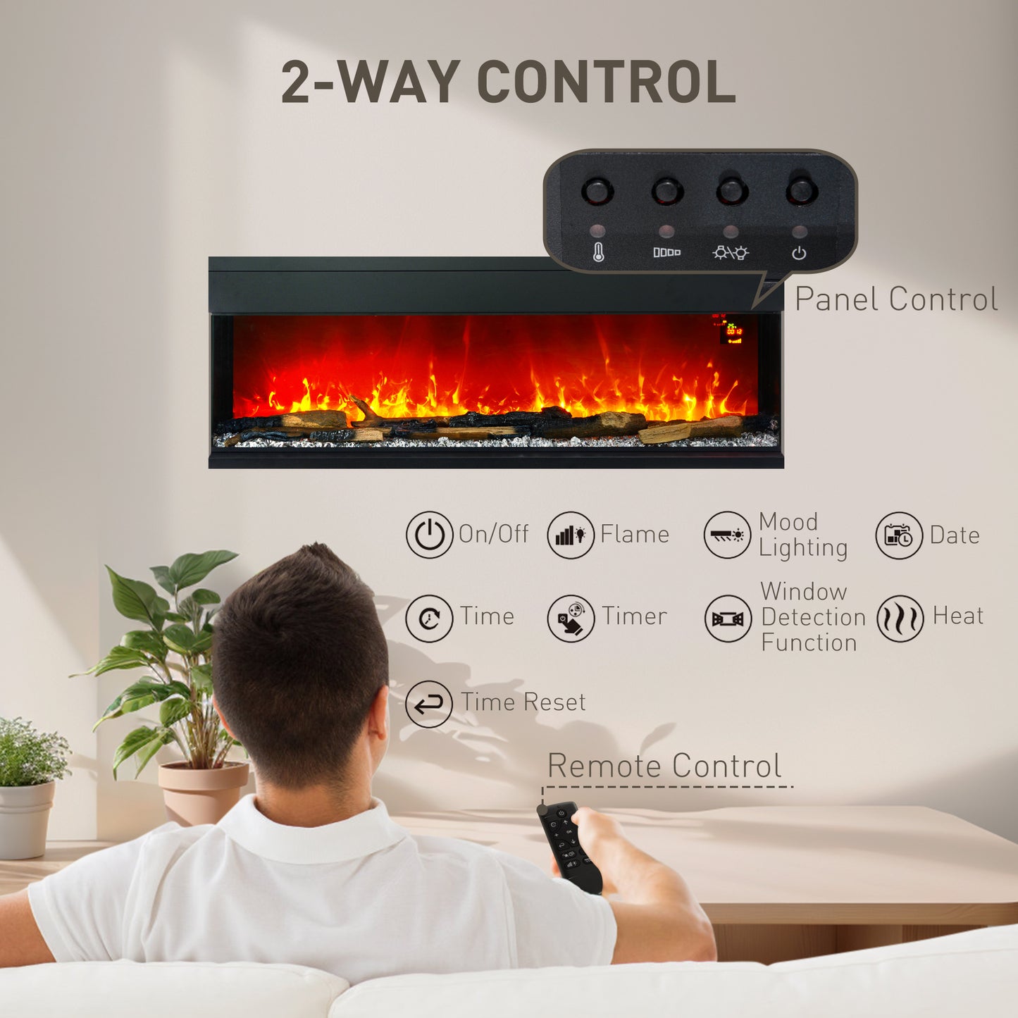 HOMCOM 1800W 15-40℃ Adjustable Flame Glass Panel Convector Heater, 152cm